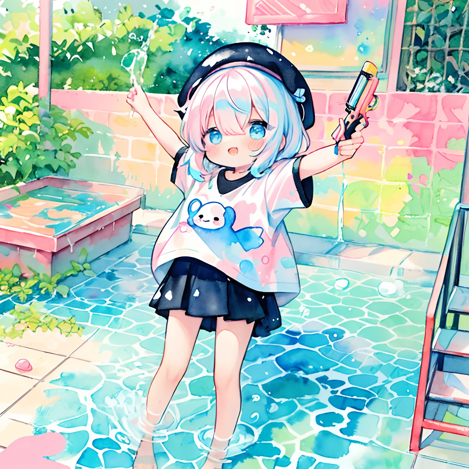 (PastelColors:1.5)、(Cute illustration:1.5)、(watercolor paiting:1.2)、hair between eye、pink back ground、girl with、full body Esbian、facing front、Ink motifs、colorful ink、smil、Looks fun、Innocence、White hair、multicolored hair、(yellow, Light blue and pink hair:1.0)、Square-footed、spreading arms widely、Ink flutters、Wearing ink、Manipulating ink、夏天、beret、Ink berets、Daytime、Ink splatters on the floor、colorful ink、holding water pistol、Pouring water、Splash、white t-shirts、Shoulder T-shirt、Black tank top、Looks fun、Innocence、Ink on cheeks、Street