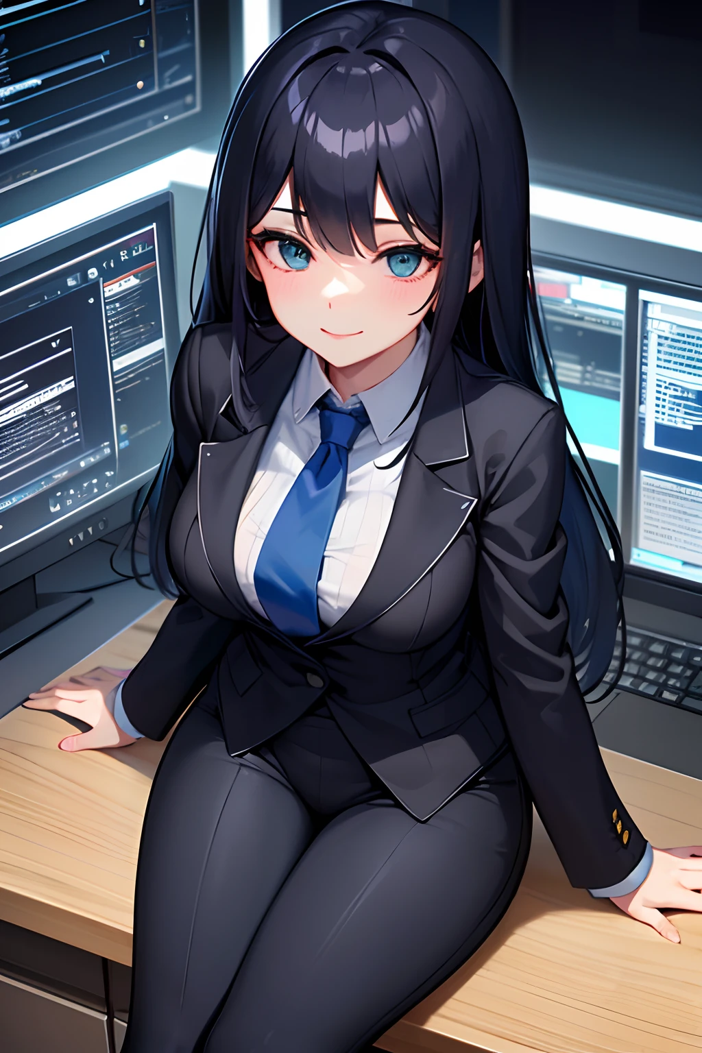 buisness woman smiling and sitting ontop a desk with her hands off to the sides inside of an high tech office workplace, futuristic, portrait of buisness woman, dressed in a formal dark blue buisness suit, light blue ribbon tie, girl portrait aerial view, black dyed hair, dark green eyes, office lady, office background, ,extremely detailed, 4k detail, soft lines.