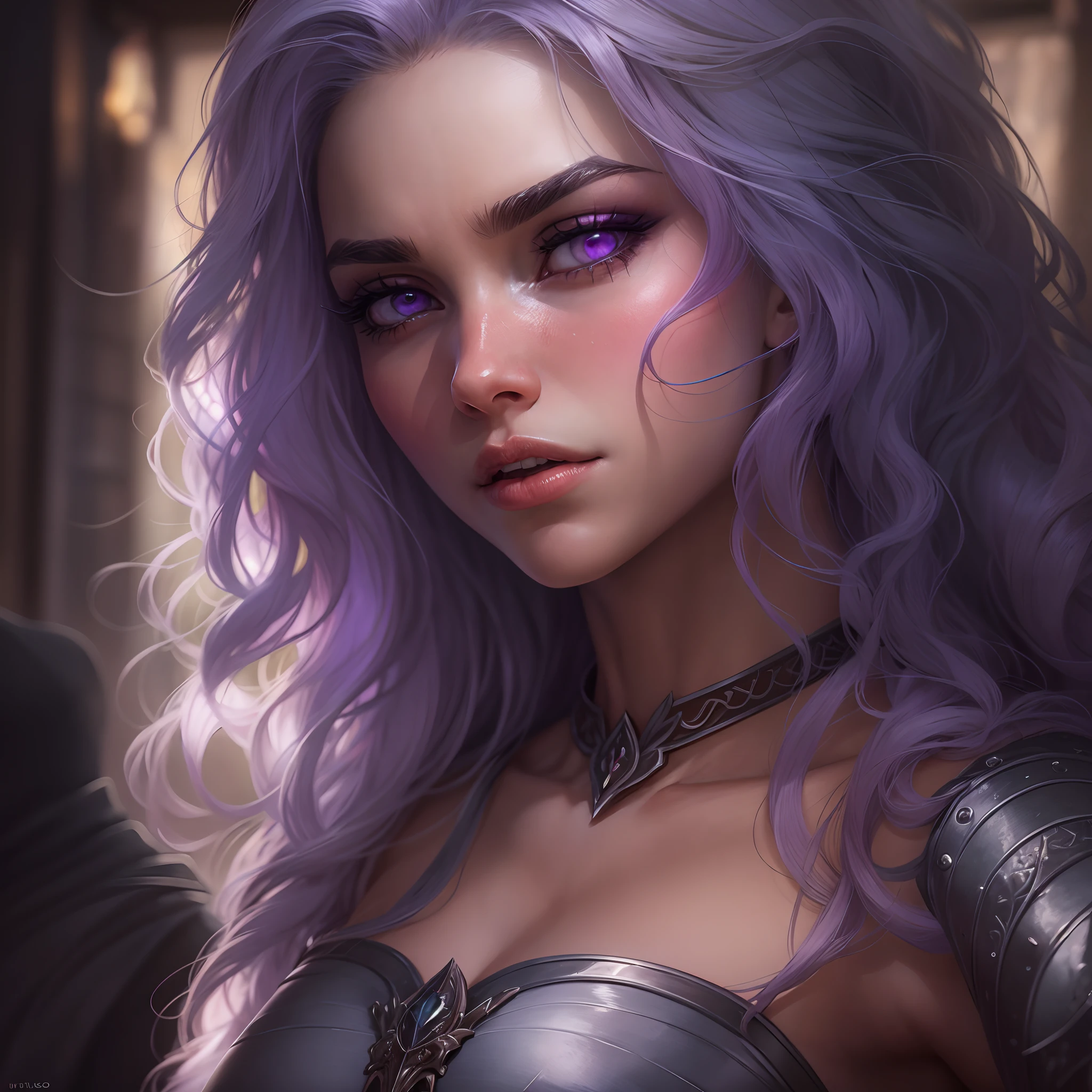 Um retrato de uma mulher bonita e sensual com decote bonito e seios, Um guerreiro de olhos roxos e curtos, cabelos roxos brilhantes, She's wearing sexy combat suits, decotes mergulhantes para treinamento de luta medieval, Appearance similar to that of Daenerys Targeryan from the books with purple eyes and hair, She is in a tavern with sunlight being the source of light coming in through the window enhancing her beauty, Uma imagem bem contrastada e cheia de beleza, cinematic lights, dramatic lighting, Dramatic profile pose, um ambiente cheio de claridade em uma arte de RPG medieval, arte de RPG uma arte detalhada e aproximada, uma arte medieval de arte RPG, She has a dark aura because she's evil as a villain, dramatic art, Arte deslumbrante, seios sensuais;