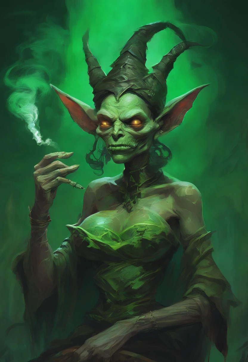 (best quality,realistic,highres:1.2),ultra-detailed,a goblin woman smoking a magical cigar,naked,bare nipples,a giant bun held by a dragon skull,witch face with wrinkles,detailed eyes and lips,wrinkled skin,green skin tone,dark and mysterious lighting,medium:oil painting,impressive details,dark atmosphere,mystical vibe,sharp focus,the goblin woman blowing smoke,emerald green background,creepy but intriguing,cohesive composition,unique character portrayal