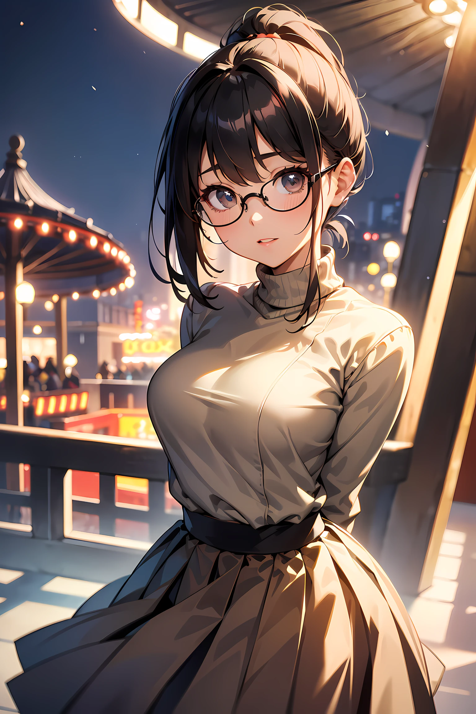 high resolution, Photo of a beautiful woman detailed_face, young handsome girl,realistic:0.5, perfect skin, (wearing a glasses:1.5), (ultra-detailed background, detailed background), bokeh, make happy expressions, happy emotion, gorgeous,pure, beautyfull detailed face and eyes,breasts, (black eyes:1.1), (a extremely pretty and beautiful Japanese woman), (sexy girl), (professional attire:1.3), (22 years old: 1.1), BREAK, (lovely outfit:1.2), (detailed blue turtleneck sweater:1.2), (beige pleats skirt:1.2), (leather boots))), cleavage, beautiful detailed skin, (cute:1.2), (blonde hair), ((jpop idol)), (upper thigh:0.6), (depth of field),soft light, Lens Glow looking at viewer, (Drooping eyes:1.2), straight teeth,smile, floating hair, (blond hair:1.2), brown eyes BREAK movie scene, cinematic, full colors, 4k, 8k, 16k, RAW photo, masterpiece, professionally color graded, professional photography, high school girl, hair up, , soft clean focus, realistic lighting and shading, (an extremely delicate and beautiful art)1.3, elegant,active angle,dynamism pose BREAK (ponytail:1.3), (shiny-black thin hair:1.2), bangs, dark brown eyes, beautiful eyes, princess eyes, (big eyes:1.3), bangs, wearing a glasses:1.3, Hair between eyes, short hair:1.3, (slender:1.1), (medium-breasts:0.95), (thin waist: 1.15), (detailed beautiful girl: 1.4), Parted lips, Red lips, full-make-up face, (shiny skin), ((Perfect Female Body)), (upper body image:1.3), Perfect Anatomy, Perfect Proportions, (most beautiful Korean actress face:1.3, extremely cute and beautiful Japanese actress face:1.3), ,(1glasses girl:1.3, solo), ,(blush:1.1), gray background, solo focus, (bust shot:1.2), cinematic light, (nostalgic night scene:1.4), (amusement park:1.4), (merry-go-round、the Ferris wheel、rollercoaster), (arms behind back :1.4), (looking at viewer:1.2