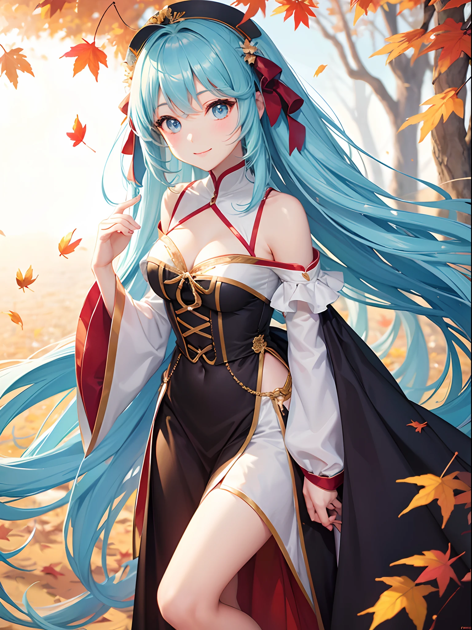 Park of autumn leaves　The sun goes down　a beauty girl　Light blue long hair　A charming smile　Cute costumes　Facing the front