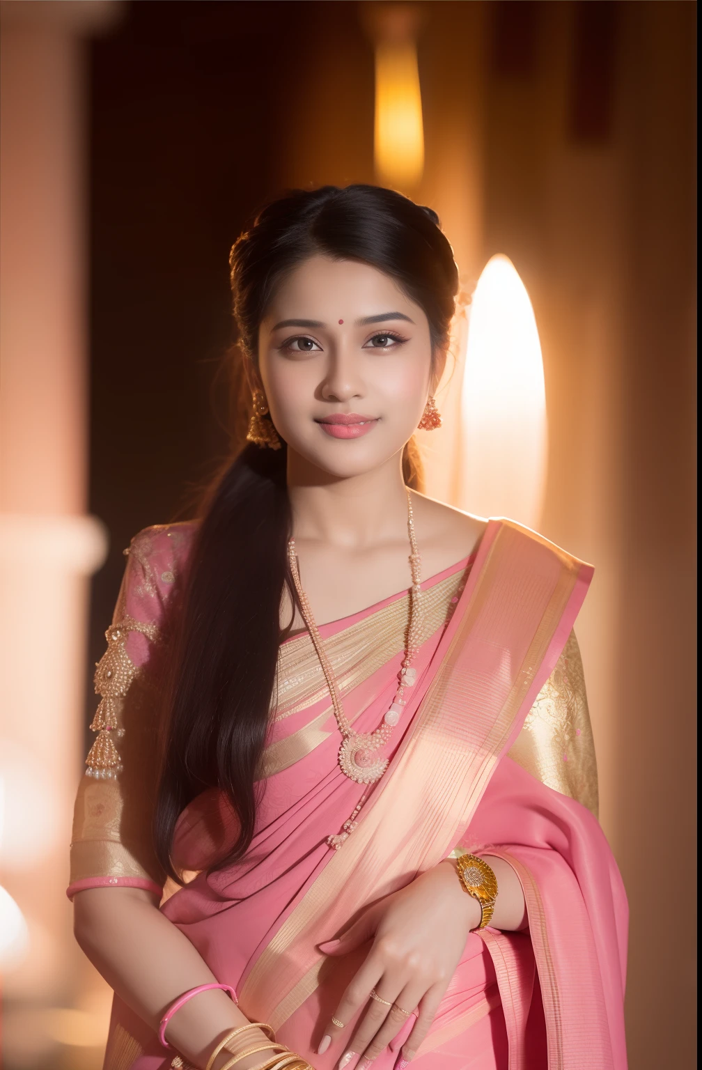 a woman in a pink sari posing for a picture, traditional female hairstyles, traditional beauty, potrait photo profile picture, photo of young woman, accurate face, realistic, hyper realistic, 8k