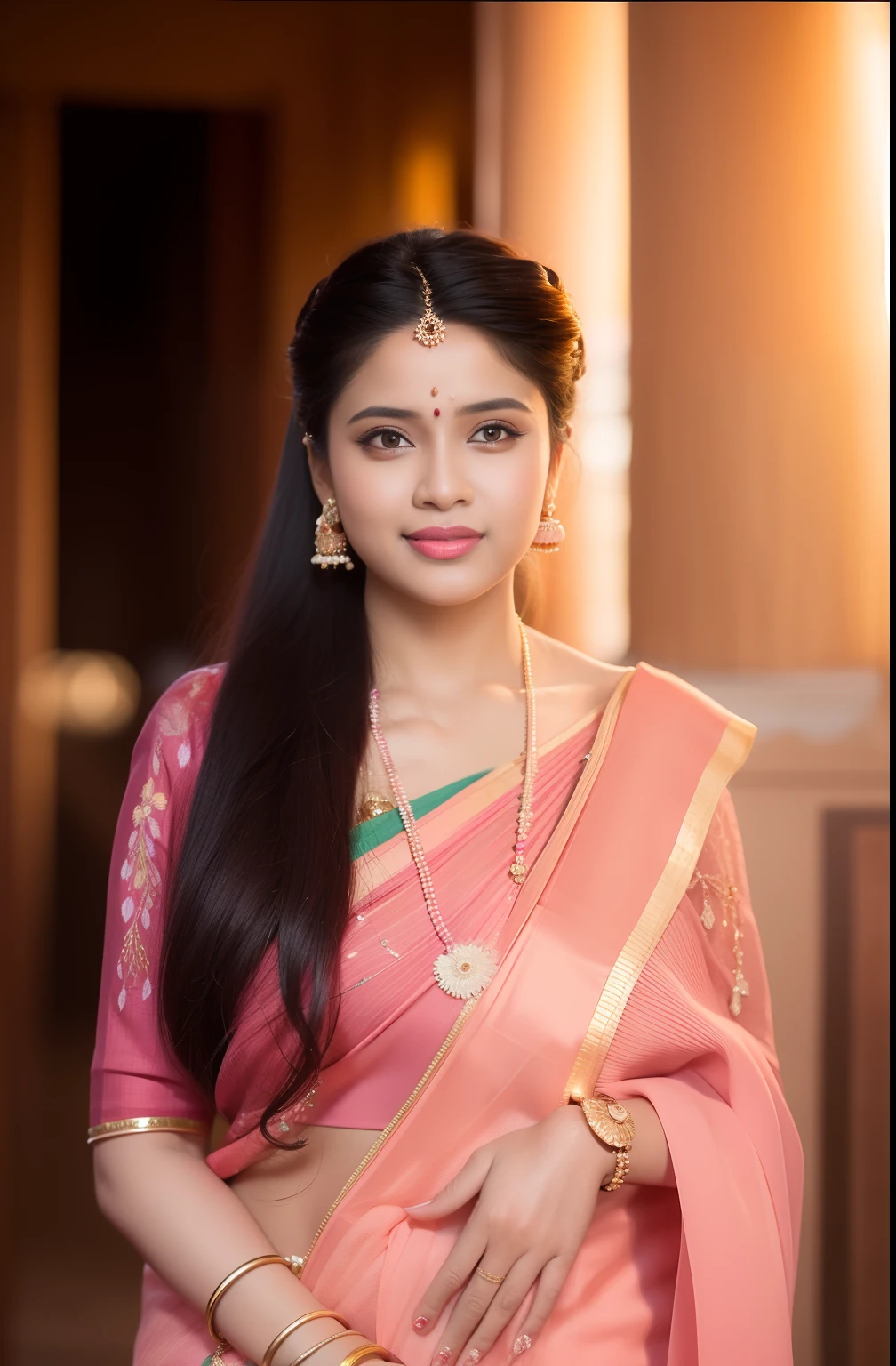 a woman in a pink sari posing for a picture, traditional female hairstyles, traditional beauty, potrait photo profile picture, photo of young woman, accurate face, realistic, hyper realistic, 8k
