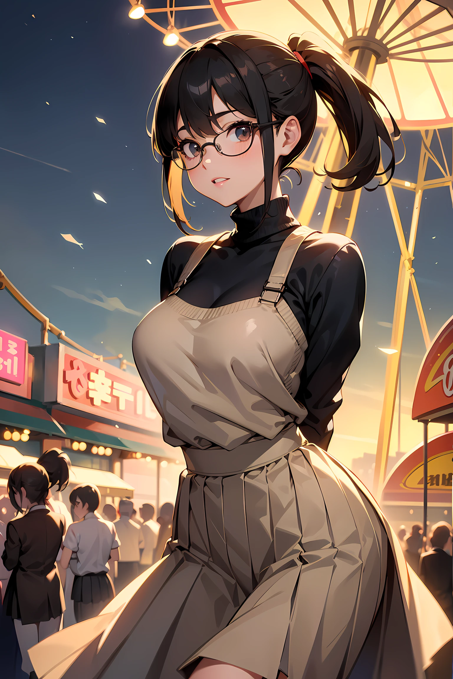 high resolution, Photo of a beautiful woman detailed_face, young handsome girl,realistic:0.5, perfect skin, (wearing a glasses:1.5), (ultra-detailed background, detailed background), bokeh, make happy expressions, happy emotion, gorgeous,pure, beautyfull detailed face and eyes,breasts, (black eyes:1.1), (a extremely pretty and beautiful Japanese woman), (sexy girl), (professional attire:1.3), (22 years old: 1.1), BREAK, (lovely outfit:1.2), (detailed blue turtleneck sweater:1.2), (beige pleats skirt:1.2), (leather boots))), cleavage, beautiful detailed skin, (cute:1.2), (blonde hair), ((jpop idol)), (upper thigh:0.6), (depth of field),soft light, Lens Glow looking at viewer, (Drooping eyes:1.2), straight teeth,smile, floating hair, (blond hair:1.2), brown eyes BREAK scene, cinematic, full colors, 4k, 8k, 16k, RAW photo, masterpiece, professionally color graded, professional photography, high school girl, hair up, , soft clean focus, realistic lighting and shading, (an extremely delicate and beautiful art)1.3, elegant,active angle,dynamism pose BREAK (ponytail:1.3), (shiny-black thin hair:1.2), bangs, dark brown eyes, beautiful eyes, princess eyes, (big eyes:1.3), bangs, wearing a glasses:1.3, Hair between eyes, short hair:1.3, (slender:1.1), (medium-breasts:0.95), (thin waist: 1.15), (detailed beautiful girl: 1.4), Parted lips, Red lips, full-make-up face, (shiny skin), ((Perfect Female Body)), (upper body image:1.3), Perfect Anatomy, Perfect Proportions, (most beautiful Korean actress face:1.3, extremely cute and beautiful Japanese actress face:1.3), ,(1glasses girl:1.3, solo), ,(blush:1.1), gray background, solo focus, (bust shot:1.2), cinematic light, (nostalgic night scene:1.4), (amusement park:1.4), (merry-go-round、the Ferris wheel、rollercoaster), (arms behind back :1.4), (looking at viewer:1.2
