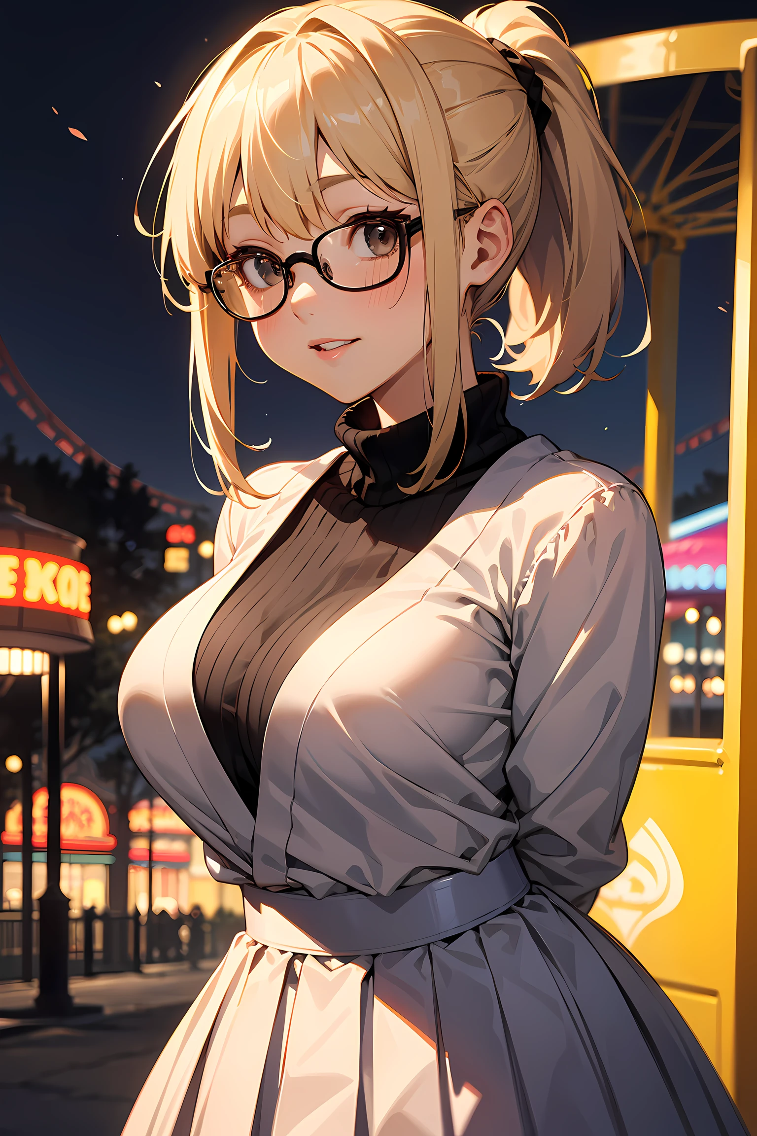 high resolution, Photo of a beautiful woman detailed_face, young handsome girl,realistic:0.5, perfect skin, (wearing a glasses:1.5), (ultra-detailed background, detailed background), bokeh, make happy expressions, happy emotion, gorgeous,pure, beautyfull detailed face and eyes,breasts, (black eyes:1.1), (a extremely pretty and beautiful Japanese woman), (sexy girl), (professional attire:1.3), (22 years old: 1.1), BREAK, (lovely outfit:1.2), (detailed blue turtleneck sweater:1.2), (beige pleats skirt:1.2), (leather boots))), cleavage, beautiful detailed skin, (cute:1.2), (blonde hair), ((jpop idol)), (upper thigh:0.6), (depth of field),soft light, Lens Glow looking at viewer, (Drooping eyes:1.2), straight teeth,smile, floating hair, (blond hair:1.2), brown eyes BREAK movie scene, cinematic, full colors, 4k, 8k, 16k, RAW photo, masterpiece, professionally color graded, professional photography, high school girl, hair up, , soft clean focus, realistic lighting and shading, (an extremely delicate and beautiful art)1.3, elegant,active angle,dynamism pose BREAK (ponytail:1.3), (shiny-black thin hair:1.2), bangs, dark brown eyes, beautiful eyes, princess eyes, (big eyes:1.3), bangs, wearing a glasses:1.3, Hair between eyes, short hair:1.3, (slender:1.1), (medium-breasts:0.95), (thin waist: 1.15), (detailed beautiful girl: 1.4), Parted lips, Red lips, full-make-up face, (shiny skin), ((Perfect Female Body)), (upper body image:1.3), Perfect Anatomy, Perfect Proportions, (most beautiful Korean actress face:1.3, extremely cute and beautiful Japanese actress face:1.3), ,(1glasses girl:1.3, solo), ,(blush:1.1), gray background, solo focus, (bust shot:1.2), cinematic light, (nostalgic night scene:1.4), (amusement park:1.4), (merry-go-round、the Ferris wheel、rollercoaster), (arms behind back :1.4), (looking at viewer:1.2