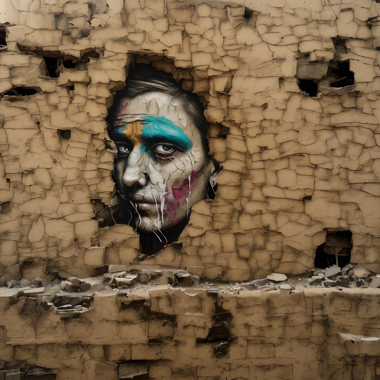 there is a man in a colorful hole in a wall, the man in the wall, on a wall, street art:2, street art, crumbling, stone face, phlegm, smoke and rubble, streetart, street art:2 highly detailed, subject made of cracked clay, street art 8 k, street art : 4 masterpiece