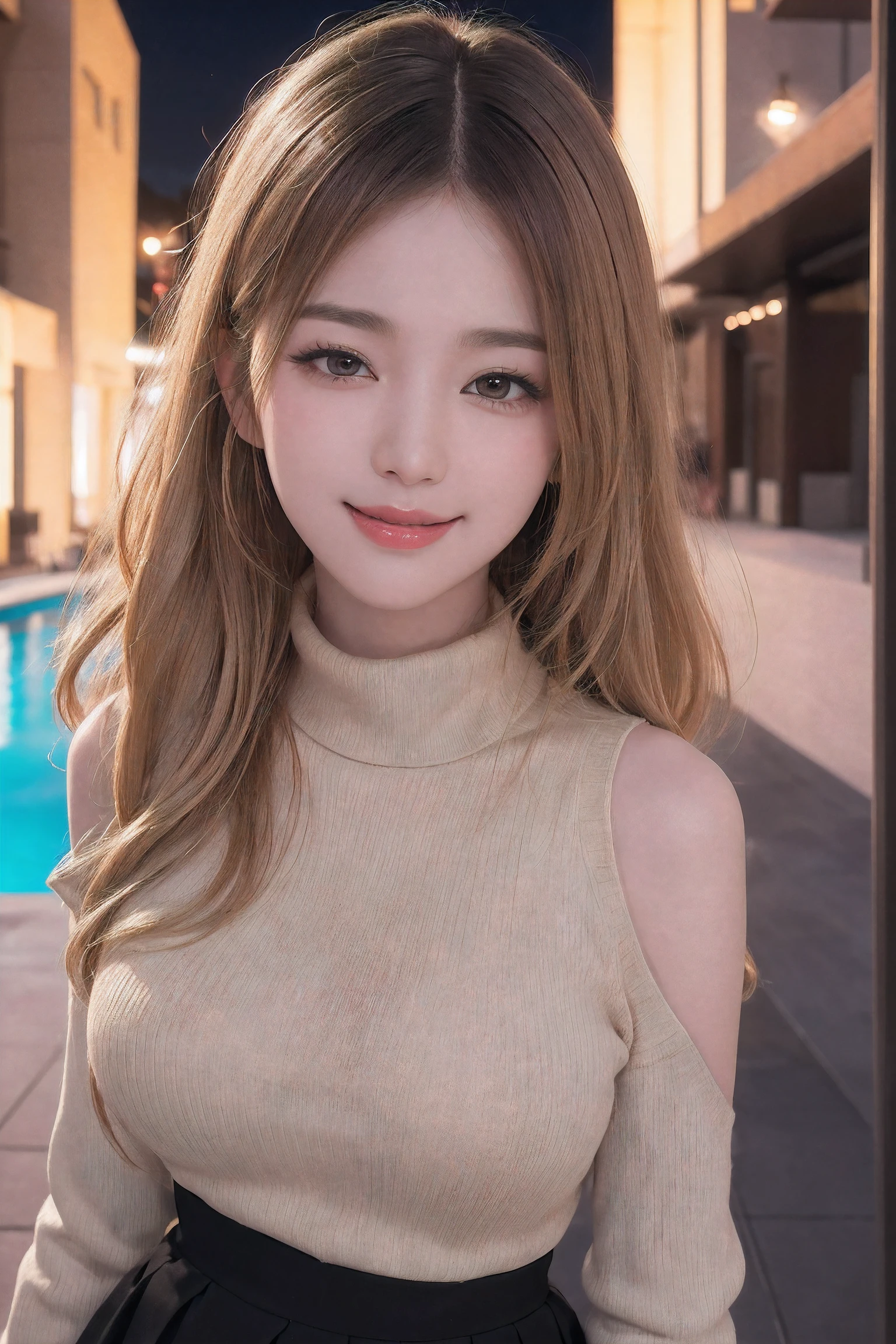 (Best quality, 8k, 32k, Masterpiece, UHD:1.2), (realistic:1.5), (masterpiece, Extremely detailed CG unity 8k wallpaper, best quality, highres:1.2), (ultra detailed, UHD:1.2), hyper sharp focus, (bust up portrait:1.5), Photo of extremely cute and beautiful Japanese woman, (Korean pop idol face:1.3), (blonde wavy hair:1.2), adult, (detailed beautiful girl:1.4), best quality, woman, adult, (beige turtleneck knit sweater:1.3), (black pleats skirt;1.3), (Beautiful night villa pool view background:1.2, night view), night pool, arms behind back, ((embarrassed laughing:1, seductive smile:1.15)), looking at viewer, facing the viewer, ((perfect female body)), (narrow waist:1.05), (cowboy shot), slender, abs, (large breasted:1.25), (sagging breasts:1.35), face ring light, face light, detailed human body,