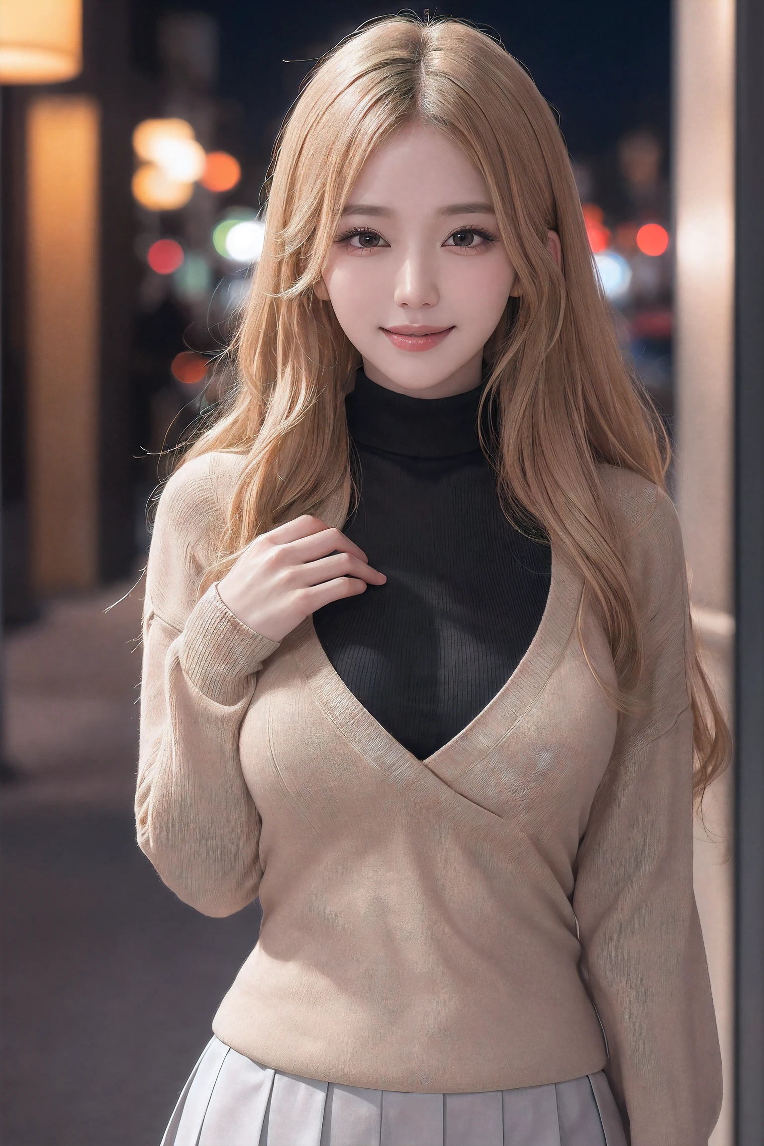 (Best quality, 8k, 32k, Masterpiece, UHD:1.2), (realistic:1.5), (masterpiece, Extremely detailed CG unity 8k wallpaper, best quality, highres:1.2), (ultra detailed, UHD:1.2), hyper sharp focus, (bust up portrait:1.5), Photo of extremely cute and beautiful Japanese woman, (Korean pop idol face:1.3), (blonde wavy hair:1.2), adult, (detailed beautiful girl:1.4), best quality, woman, adult, (beige turtleneck knit sweater:1.3), (black pleats skirt;1.3), (Beautiful night villa pool view background:1.2, night view), night pool, arms behind back, ((embarrassed laughing:1, seductive smile:1.15)), looking at viewer, facing the viewer, ((perfect female body)), (narrow waist:1.05), (cowboy shot), slender, abs, (large breasted:1.25), (sagging breasts:1.35), face ring light, face light, detailed human body,