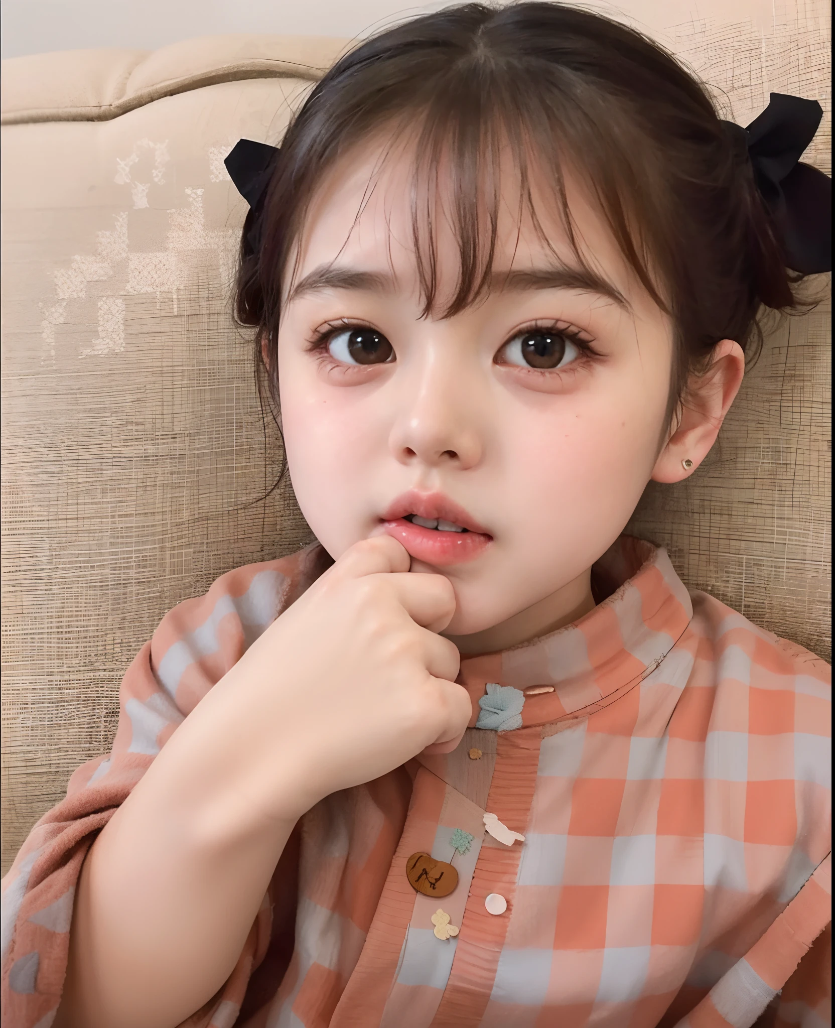 there is a  girl that is sitting on a couch, ruan cute vtuber, with cute doting eyes, she has a cute expressive face, cute little she has a cute face, cute young girl, cute pout, very cute and childlike, young cute face, wan adorable korean face, cute expression, young and cute girl