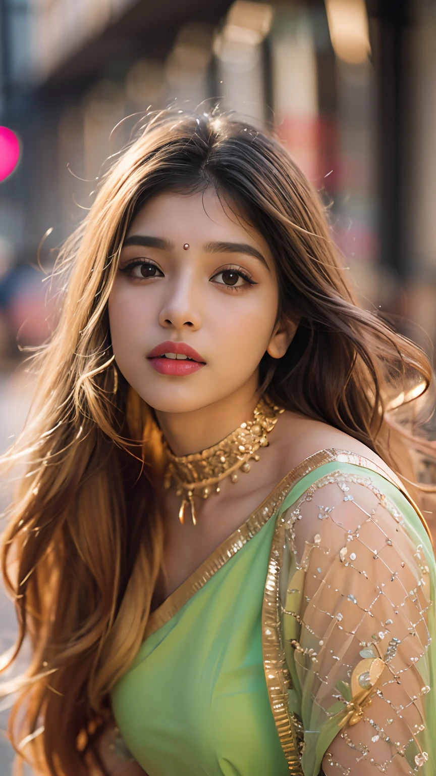 (((Desi Girl))), Chubby face, Natural skin, Wear a hot deep-necked top and dupata, Charming brunette hair, ((The ends of the hair are blonde)), Urban street background, Bokeh