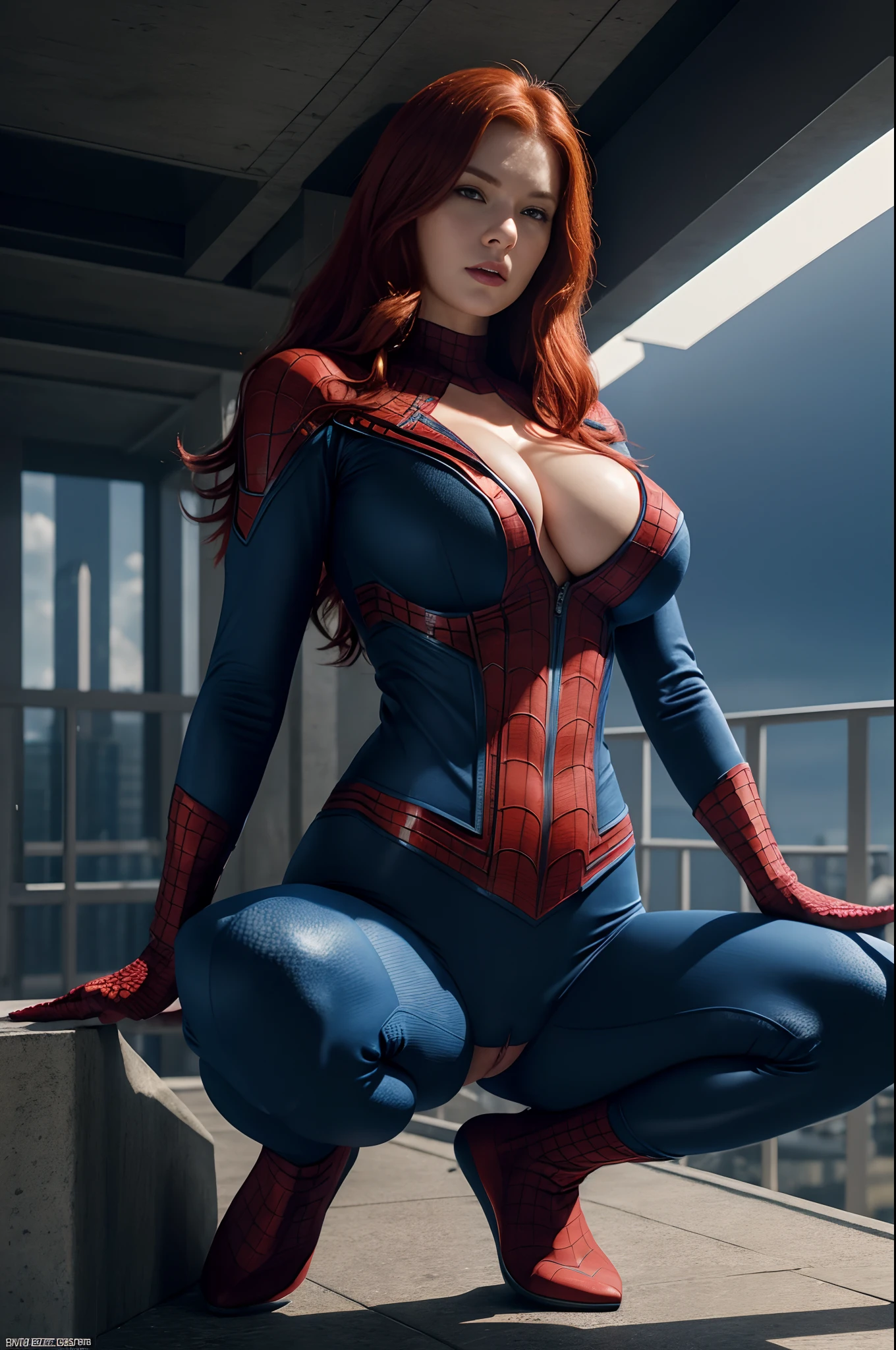 sexy redhead woman, ultra realistic photo, eroic expression, perfect detailed face, bright blue eyes,(big teddy bear) dressed as Spider-Man from Marvel Comics, In the fortress of solitude, Looks cool, (Ultra realistic), (Illustration) , (very high resolution), (8k), (very detailed), (best illustration), (best quality), (ultra detailed), (master piece), solo, (dynamism), dark studio, she wears a futuristic jacket, goddess perfect American, torn spiderman outfit showing her beautiful huge long breasts, giant pointy breasts, marked pussy showing her pubic hair, hot erotic girl, half naked, she is on top of a building crouched showing her marked pussy, marked and wet pussy, erotic, pornography, nudes