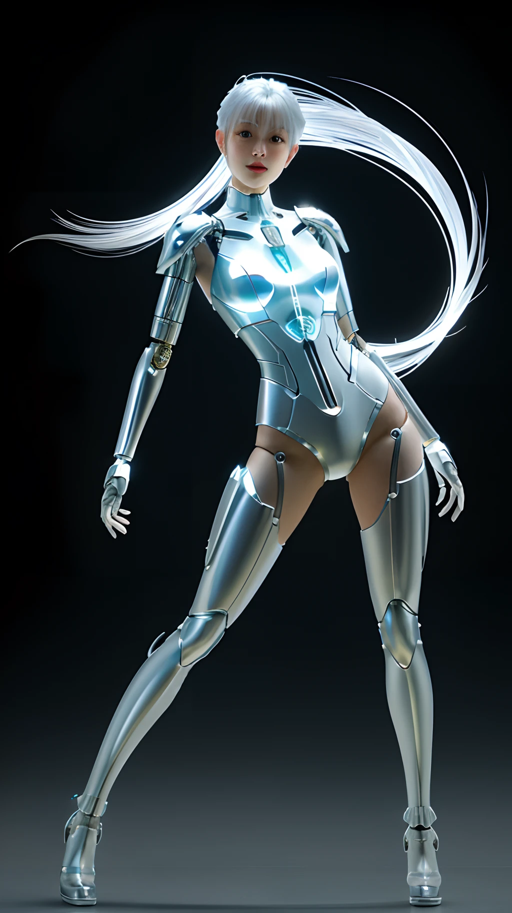 Character Sheet, complex 3d render ultra detailed of a beautiful Japanese girl android cyborg, robotic parts, beautiful studio soft light, rim light, vibrant details, luxurious cyberpunk, android body made of organic flowing white and silver transparent glass and plastic, silver metal internal body mechanisms, dynamic pose, flowing organic components, detailed engraving, lacework designs, glowing golden circuitry, art by H.R. Giger, Greg Rutowski