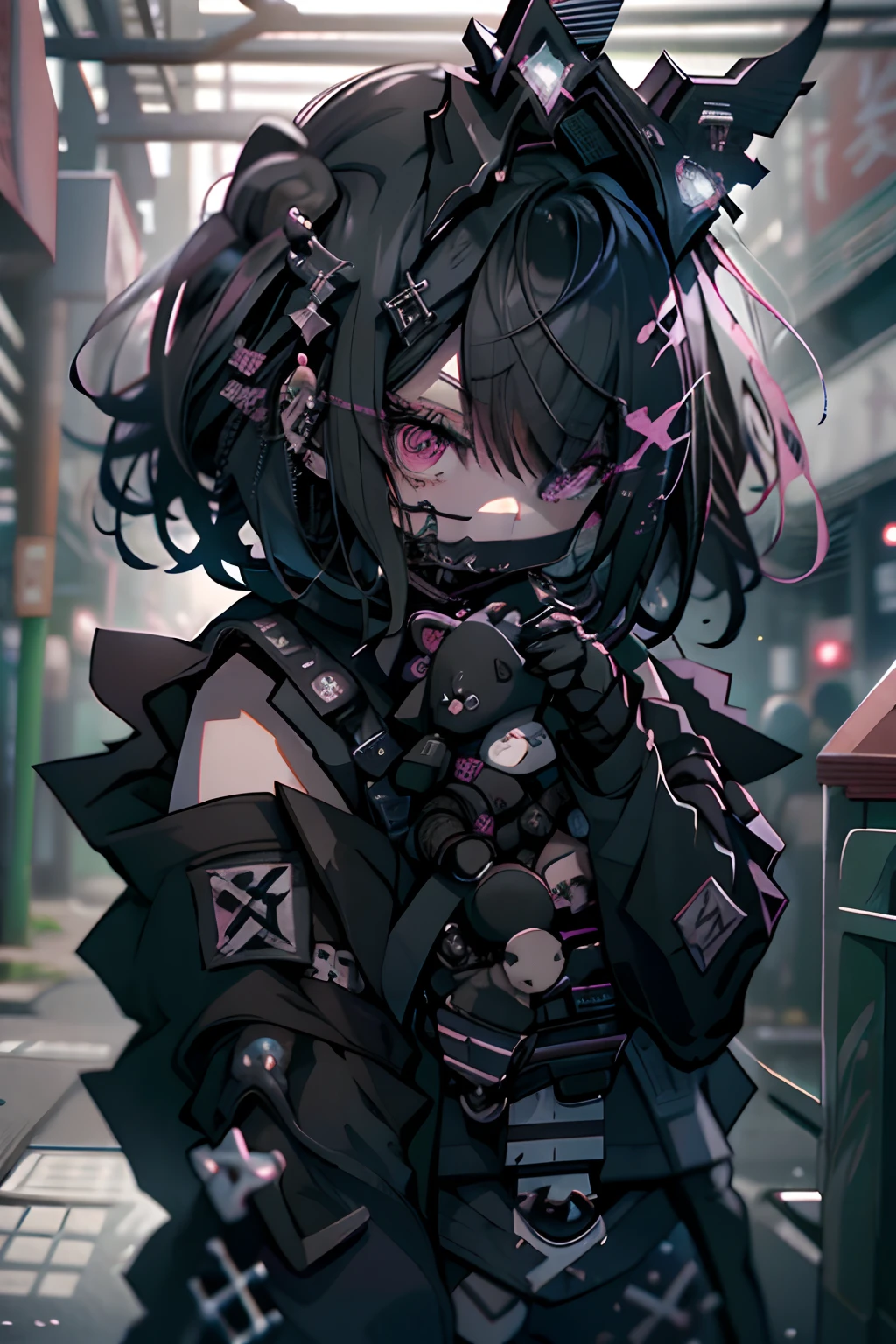 teddy bears、Gothic punk、耳Nipple Ring、hair adornments、A dark-haired、Pink and black color、bob cuts、Black Pink Shirt、、Black shorts、Blunt bangs、Photorealsitic, hight resolution, 1 rapariga, Korea person, Eye of Fire、Afterimage of flame seen from the eye