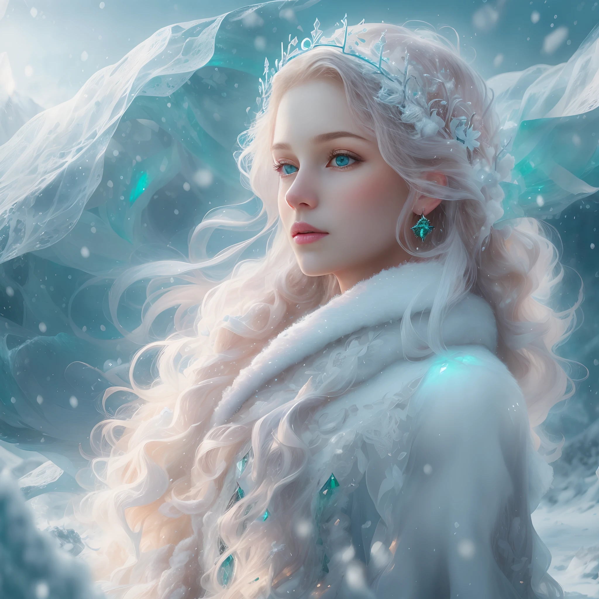 (Best quality,8K,Masterpiece:1.2),Ultra-detailed,Realistic:1.37,Portrait,20 year old girl in winter wonderland,Porcelain skin Nordic princess,The Northern Lights cast a mesmerizing glow,prefect symmetrical face,intricately details,A crown of luxury,Emerald's eyes sparkled,Show energy and ferocity,Hair flowing messily to the waist,Like the texture of silk,Elegant and elegant sculptural figures,snowflower,The whole picture is infused with magical light,illustratio,High resolution female image,k hd,Cool and soft lighting,Blue and white color palette,Snow-capped Scandinavian mountains in the background