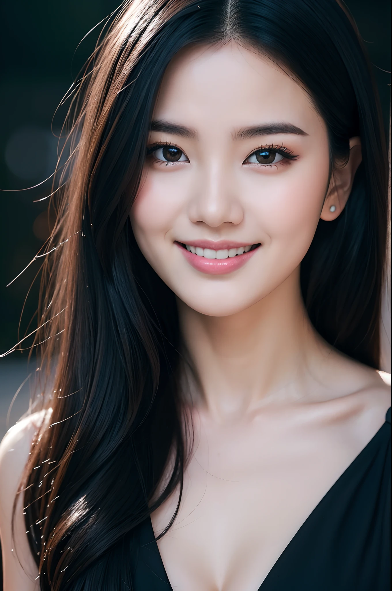 Film Portrait Photography、1girl in、The upper part of the body、The bikini、Wavy shoulder-length hair、Calm、Calm、(A smile)、(Realistic detailed eyes、natural skin textures、Realistic face details)、Soft dramatic lighting、depth of fields、bokeh dof、vibrant detail、detaile、A hyper-realistic、35mm Film、Blurring