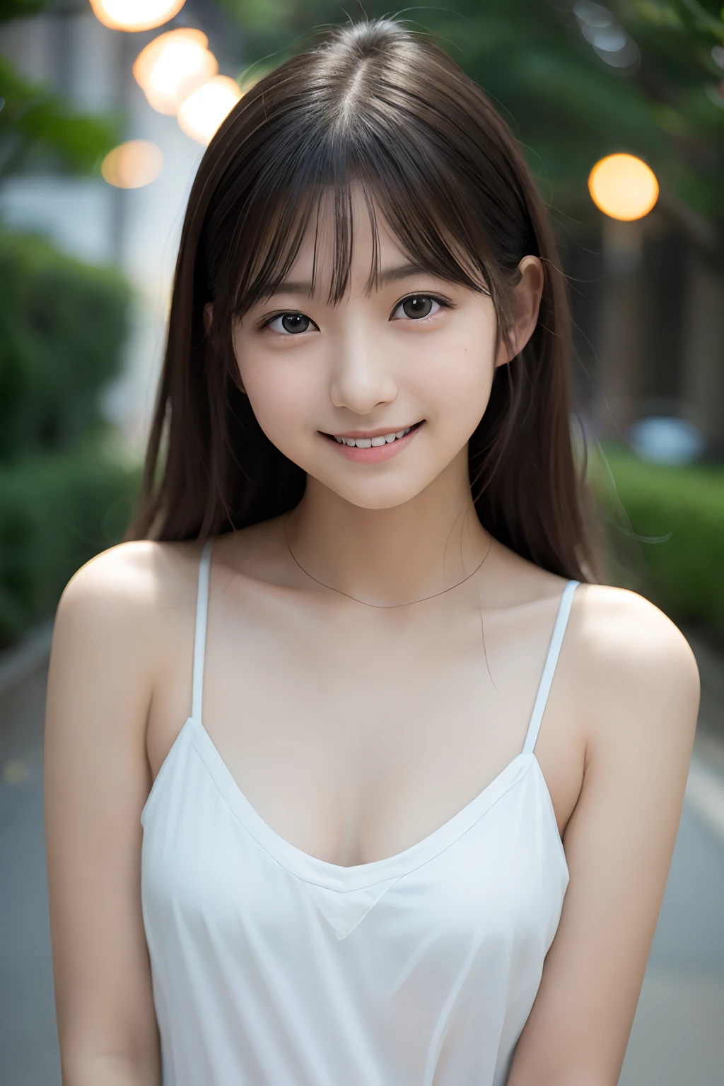 masutepiece, Best Quality, 8K, , Teen, Raw ph award winning portrait, Smile, Smile, Solo, Night, neons, Idol face, violaceaess, gardeniass, Delicate girl, The upper body is completely naked, Digital SLR, Looking at Viewer, Candid, Sophisticated, zora々Right, Thin arms, Professional Lighting, Film grain, chromatic abberation, (Eyes and faces with detailed:1.0), (Bokeh:1.1)