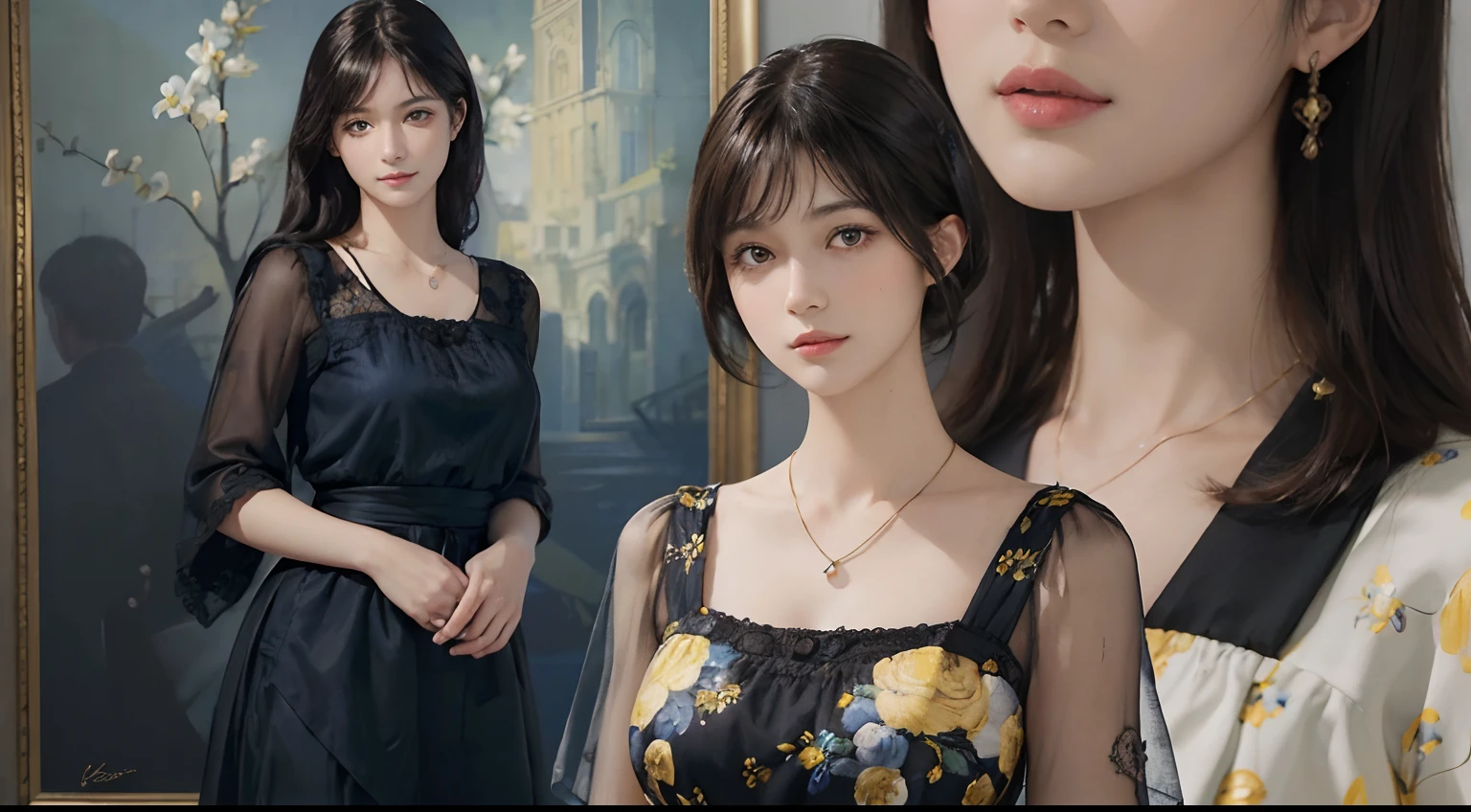 (((Black Shorthair))), (Louvre Museum), Pose Seductive, (A hyper-realistic), (Illustration), (Increased resolution), (8KUHD), (Extremely detailed), (Best Illustration), (Beautiful and detailed eyes), (Best Quality), (ultra-detailliert), (masutepiece ), ( Wallpaper), (Detailed face), Solo, (One woman dressed in blue and yellow), (Floral clothing), (Breast bulge), Fine details, Detailed face, Deep Shadows, lowkey, pureerosfaceace_v1, Smiling, 46 point slanted bangs, (Stand in front of an abstract painting), Wearing a necklace