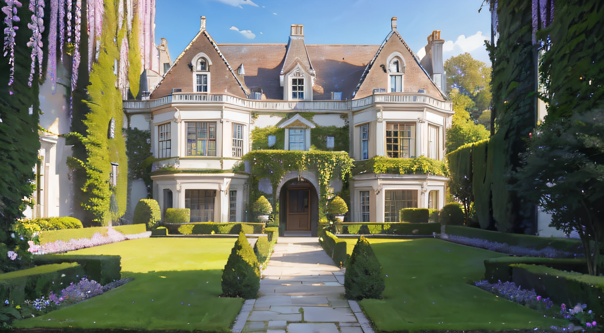 background, landscape, victorian manor house, white walls, ivy and pink wisteria on the walls, large garden in the front, hedges, landscape, looking from far away