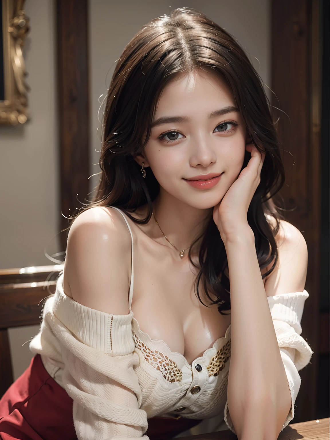 best quality, masterpiece, ultra high res, photorealistic, 1girl, offshoulder, smile