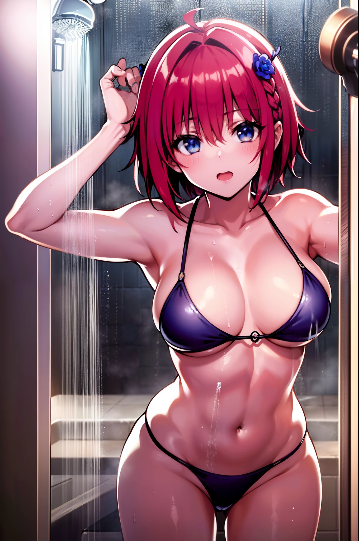 (((bath))), ((maikurobikini)), ((being hit in the shower)), hair adornments, Red hair, bobhair, The highest image quality, hightquality, high detailing, 超A high resolution, 8K, depth of fields, Cinematography, intricate detailes, Elaborate, meticulous, Magnificent, Maximum Detail, Extreme beauty