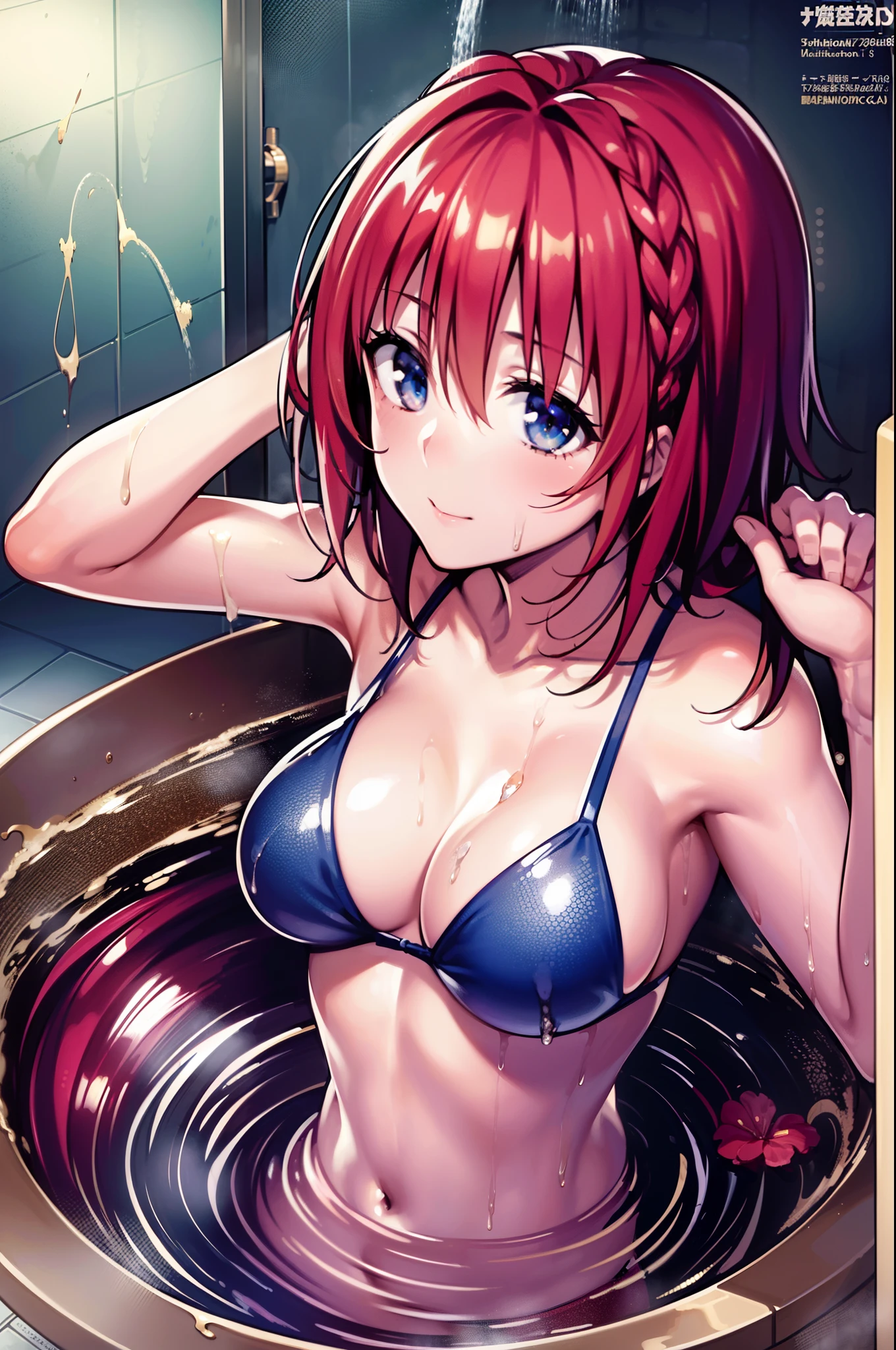(((bath))), ((maikurobikini)), ((being hit in the shower)), hair adornments, Red hair, bobhair, The highest image quality, hightquality, high detailing, 超A high resolution, 8K, depth of fields, Cinematography, intricate detailes, Elaborate, meticulous, Magnificent, Maximum Detail, Extreme beauty