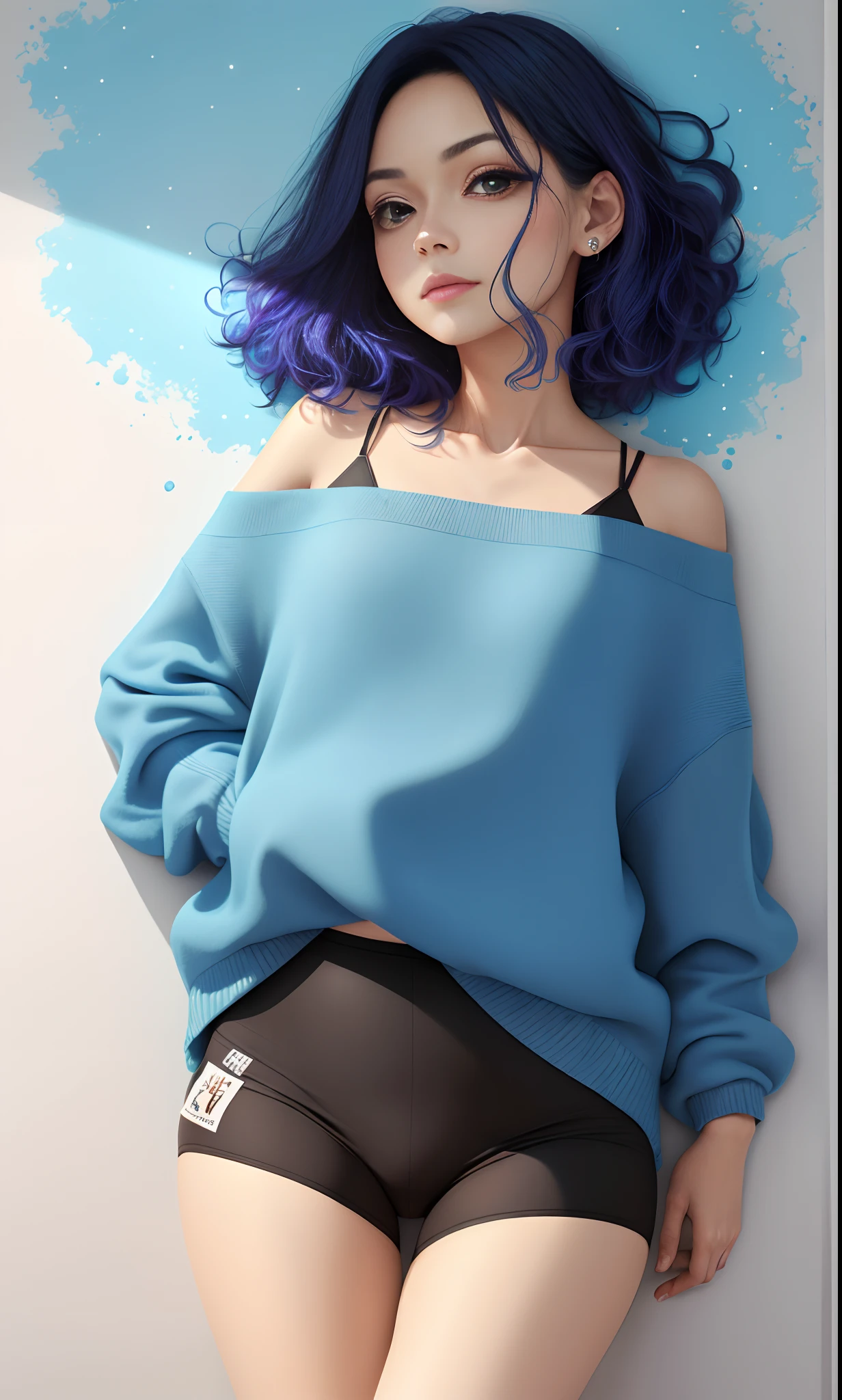 ((tmasterpiece，Papel de parede 4k，melhor qualidade))Ganyudef,  Ser vermelho no rosto,  durante o dia, Backgound simples, azul-celeste, cabelo curto e detalhado,  luz mal-humorada,cabelos azuis claros，light particles，Temas Azuis，Corpo ocupado，expressionless face，brilhante，coxa lisa