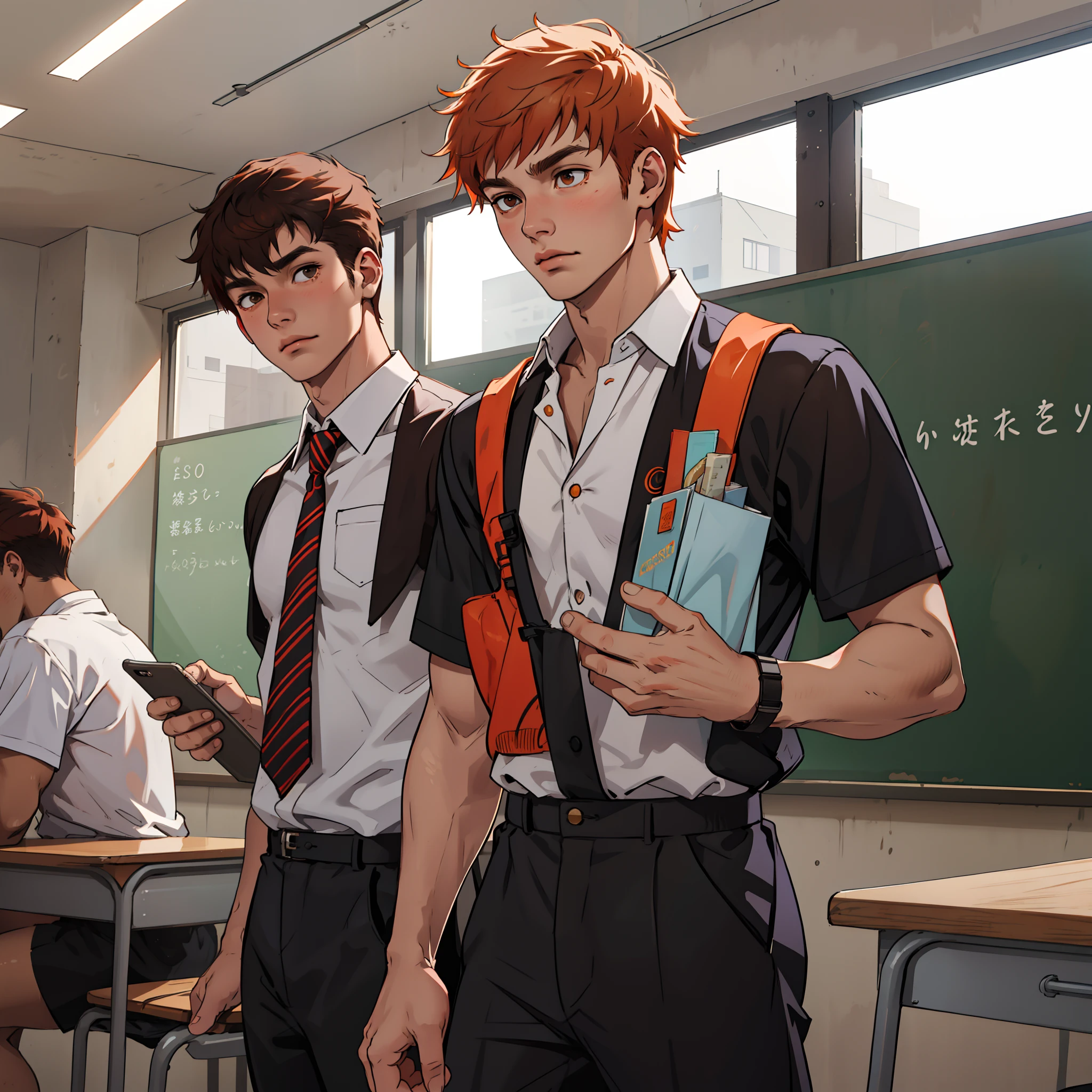 -yeld maadolescents with brown Latin skin and orange hair, estan en la escuela hablan preocupados sobre algo importante