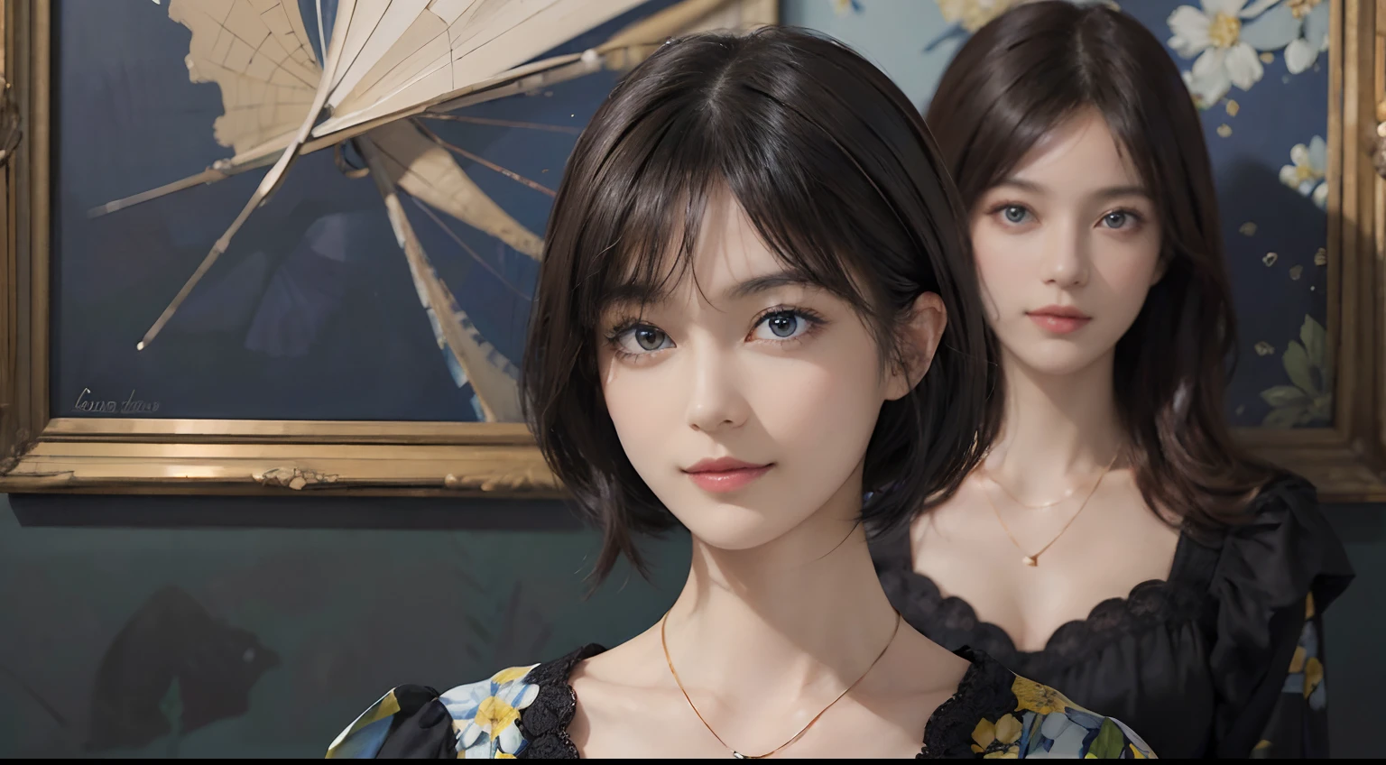 (((Black Shorthair))), (Louvre Museum), Pose Seductive, (A hyper-realistic), (Illustration), (Increased resolution), (8KUHD), (Extremely detailed), (Best Illustration), (Beautiful and detailed eyes), (Best Quality), (ultra-detailliert), (masutepiece ), ( Wallpaper), (Detailed face), Solo, (One woman dressed in blue and yellow), (Floral clothing), (Breast bulge), Fine details, Detailed face, Deep Shadows, lowkey, pureerosfaceace_v1, Smiling, 46 point slanted bangs, (Stand in front of an abstract painting), Wearing a necklace