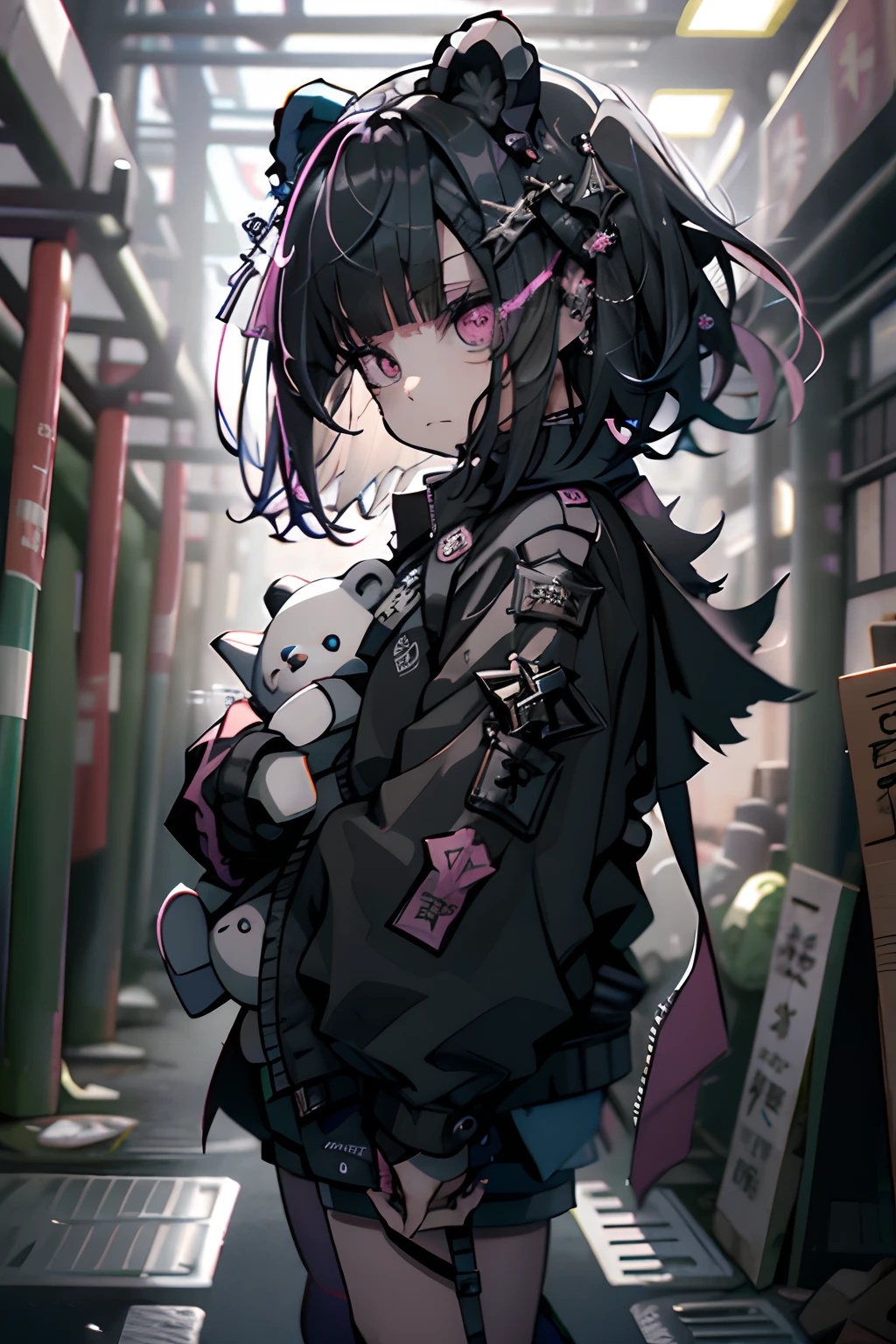 Stuffed bear、teddy bears、teddy bears、Gothic punk、耳Nipple Ring、hair adornments、A dark-haired、Pink and black color、bob cuts、Black Pink Shirt、、Black shorts、Blunt bangs、Photorealsitic, hight resolution, 1 rapariga, Korea person, Eye of Fire、Afterimage of flame seen from the eye