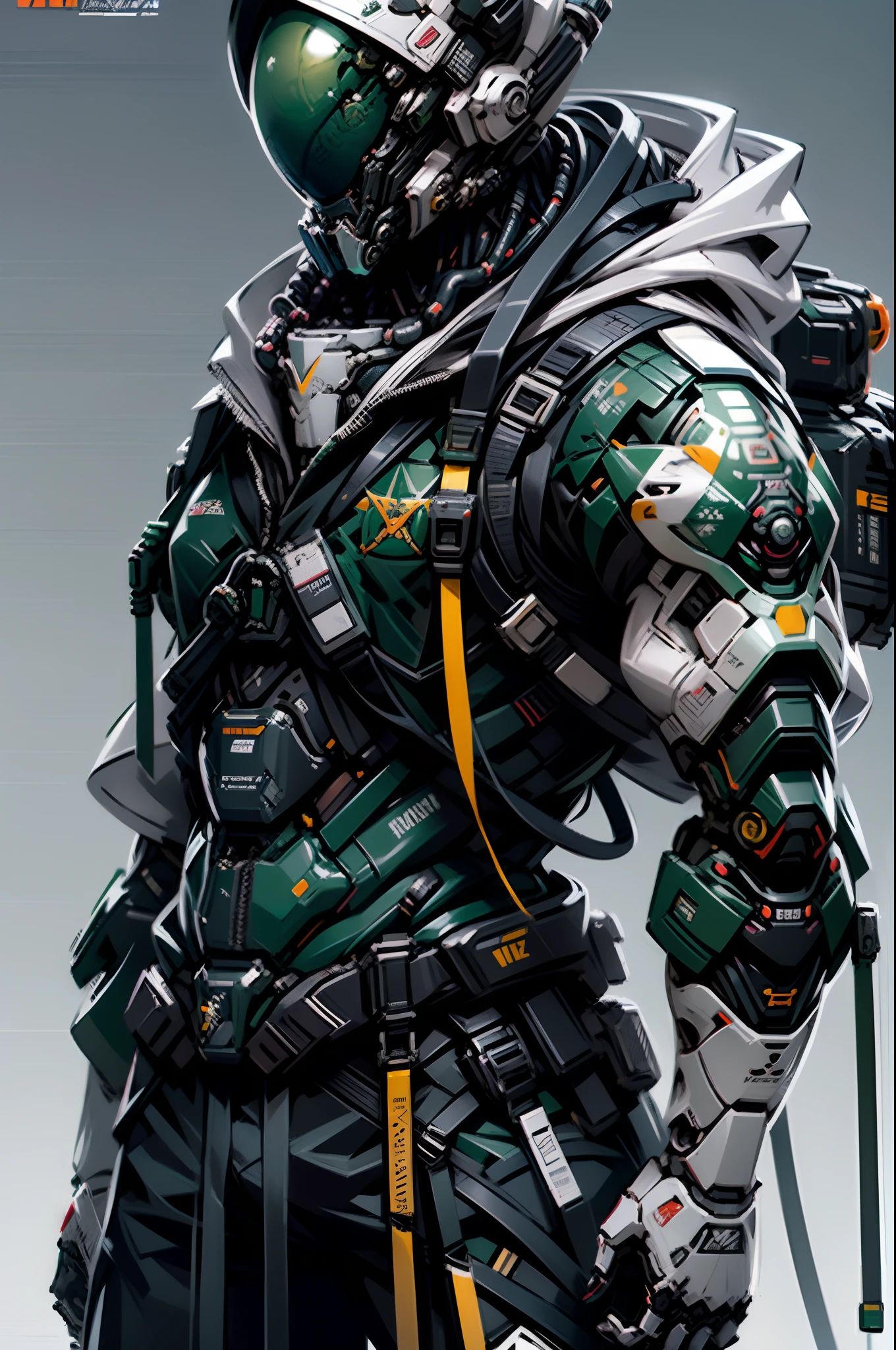 A Long Shot, full view, corpo inteiro, Imagem centralizada, action pose, Buzz Lightyear, capacete de astronauta transparente, very muscular, vestindo traje mecha astronauta, Branco, cor cinza e verde, dano, quebrado, showing wiring and piping in the suit