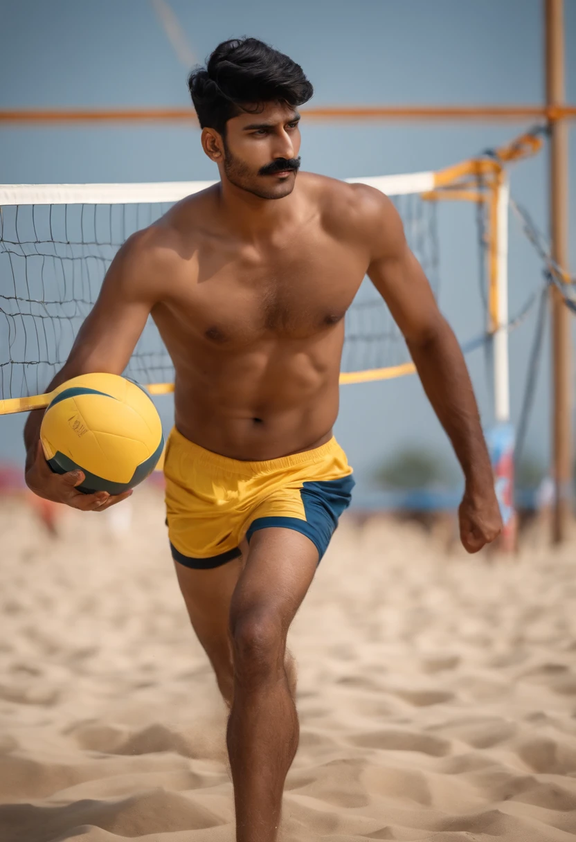 few naked Indian boys with faint mustache and with large penis playing volley ball very realistic 8k