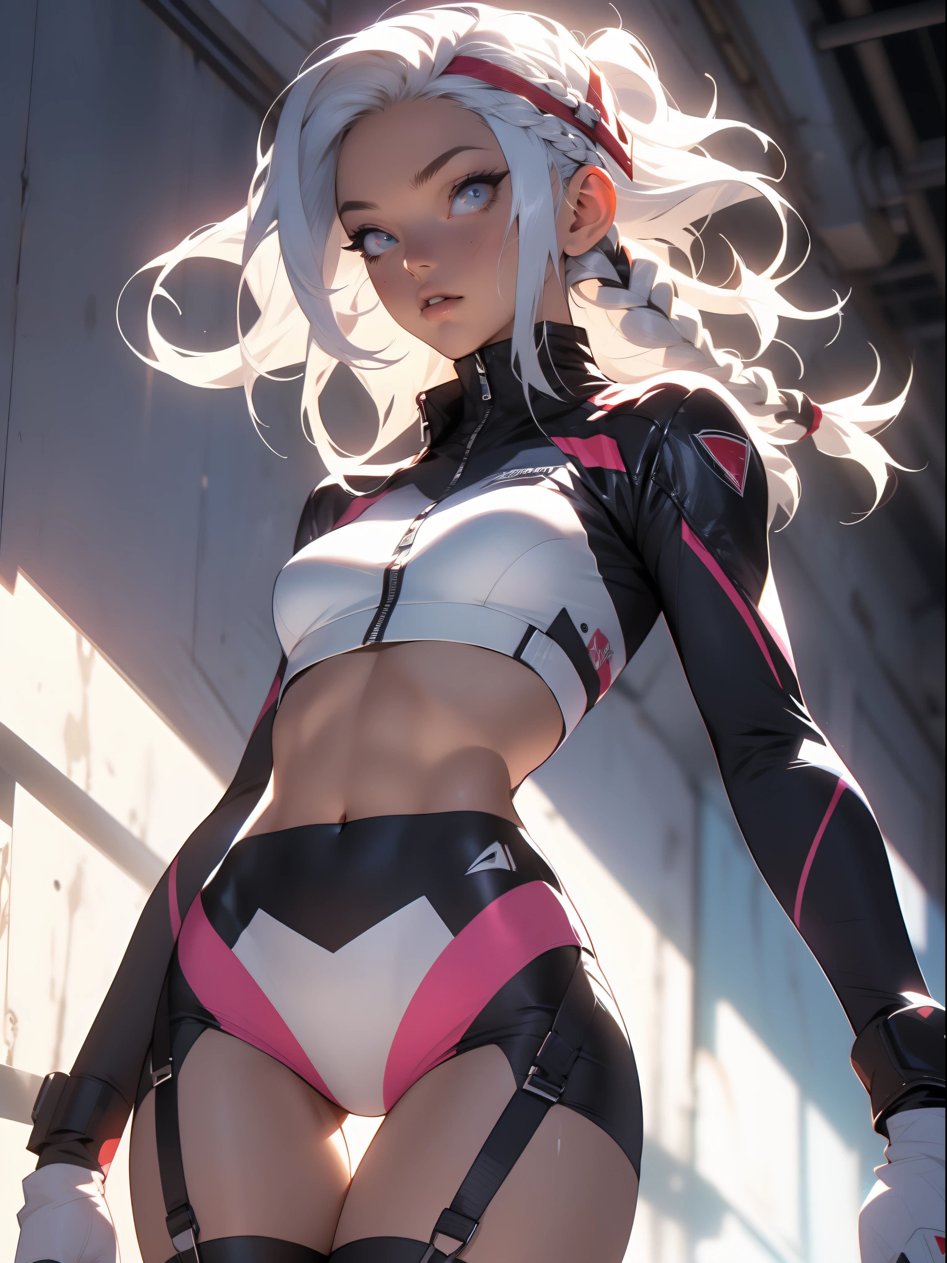 ((Best quality)), ((masterpiece)), (detailed: 1.4), (Absurd), War-ready female fighter pilot with military bikini, Marine, dark skin, defined sculpted body, full body, bare thighs, closed mouth, cyberpunk, semi naked, generous neckline, ((perfect medium breasts)), (super light blue eyes without pupils), (((military camouflage bikini)),  (((white hair with braid)))), long eyelashes heavy makeup, garter belt, by mucha, niji --V5, close to real, psychopathic, perfect face, sexy pose, background with a giant head, 2 piece clothing, pastel, centered, scale to fit the dimensions, HDR (High Dynamic Range),Ray Tracing, NVIDIA RTX,Super-Resolution,Unreal 5,Subsurface Dispersion, PBR Texture, exposed belly, Post-processing, Anisotropic filtering, Depth of field, Maximum clarity and sharpness, Multilayer textures, Albedo and specular maps, Surface shading, Accurate simulation of light-material interaction, Perfect proportions, thigh gap, Octane Render, Two-tone lighting, Wide aperture, Low ISO, White balance, Rule of thirds, 8K RAW, bright crysisnanosuit bikini, thigh gap, nice hips, bikini panties, perfect legs, synthwave bikinis, bare arms
