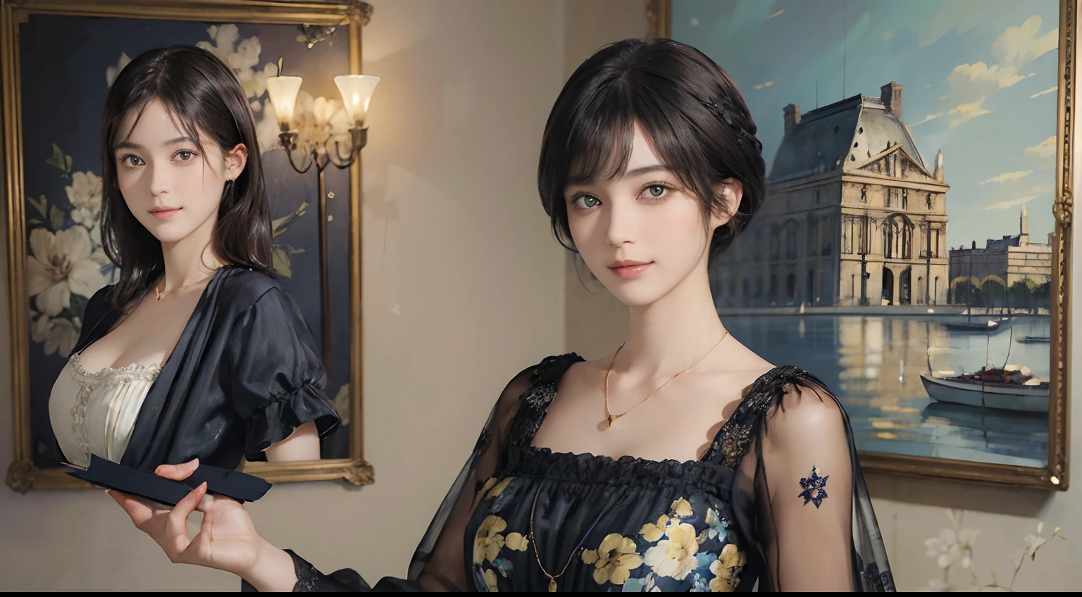 (((Black Shorthair))), (Louvre Museum), Pose Seductive, (A hyper-realistic), (Illustration), (Increased resolution), (8KUHD), (Extremely detailed), (Best Illustration), (Beautiful and detailed eyes), (Best Quality), (ultra-detailliert), (masutepiece ), ( Wallpaper), (Detailed face), Solo, (One woman dressed in blue and yellow), (Floral clothing), (Breast bulge), Fine details, Detailed face, Deep Shadows, lowkey, pureerosfaceace_v1, Smiling, 46 point slanted bangs, (Stand in front of an abstract painting), Wearing a necklace