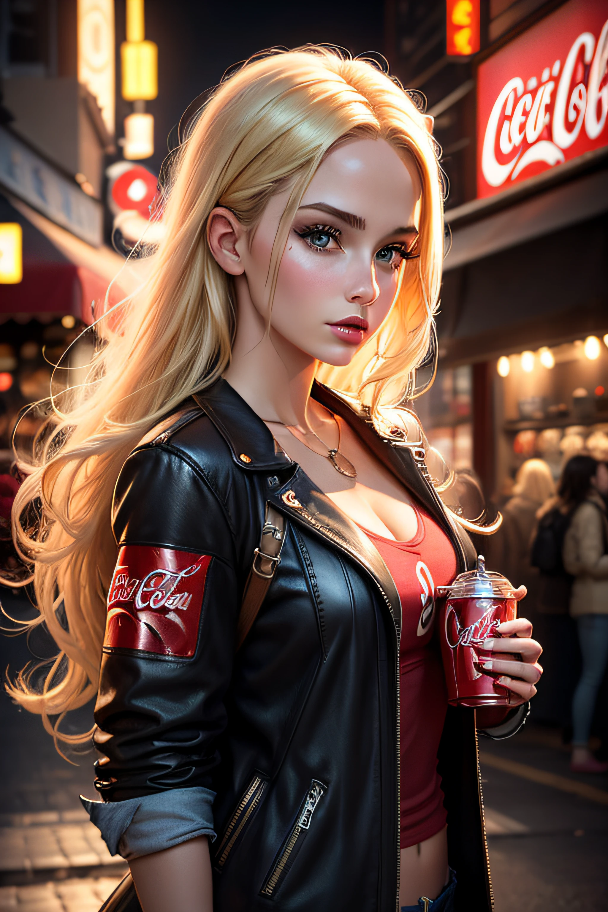 Beautiful girl modern fashion drink Coca-Cola, cinematic style,8k resolution, soft lighting,skin and hair texture super details, eyes,nose, mouth are realistic details,Blonde hair