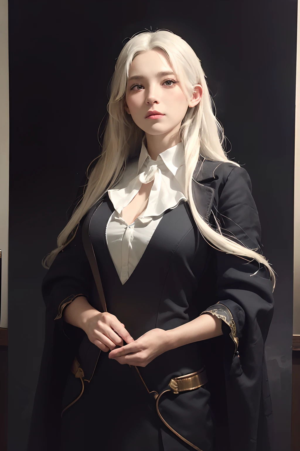 (front focus),(in the dark:1.6), Hyperrealist portrait of female by david hockney and alphonse mucha,fantasy art, photo realistic, dynamic lighting, artstation, poster, volumetric lighting, very detailed faces, 4 k, award winning,, 1girl, in the dark, deep shadow, low key,cowboy shot,(official clothing:1.4) ,long hair,white hair,