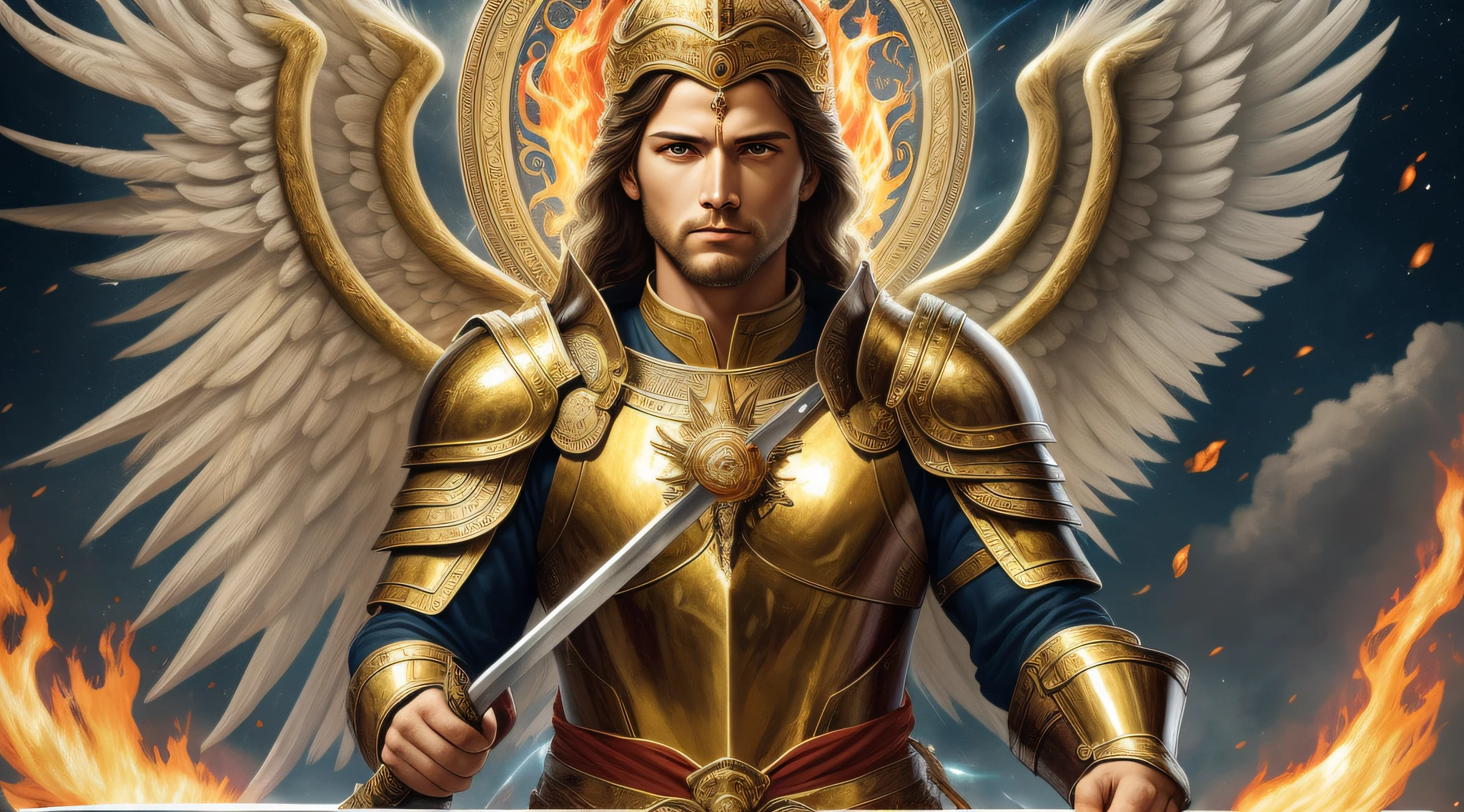 realistic image of St. Michael the Archangel looking forward, um HOMEM guerreiro celestial, com asas grandes e poderosas, dressed in gold armor and holding a flaming sword in his hand and with a shield, symbolizing his strength and divine protection, His image is that of a powerful and protective heavenly warrior.