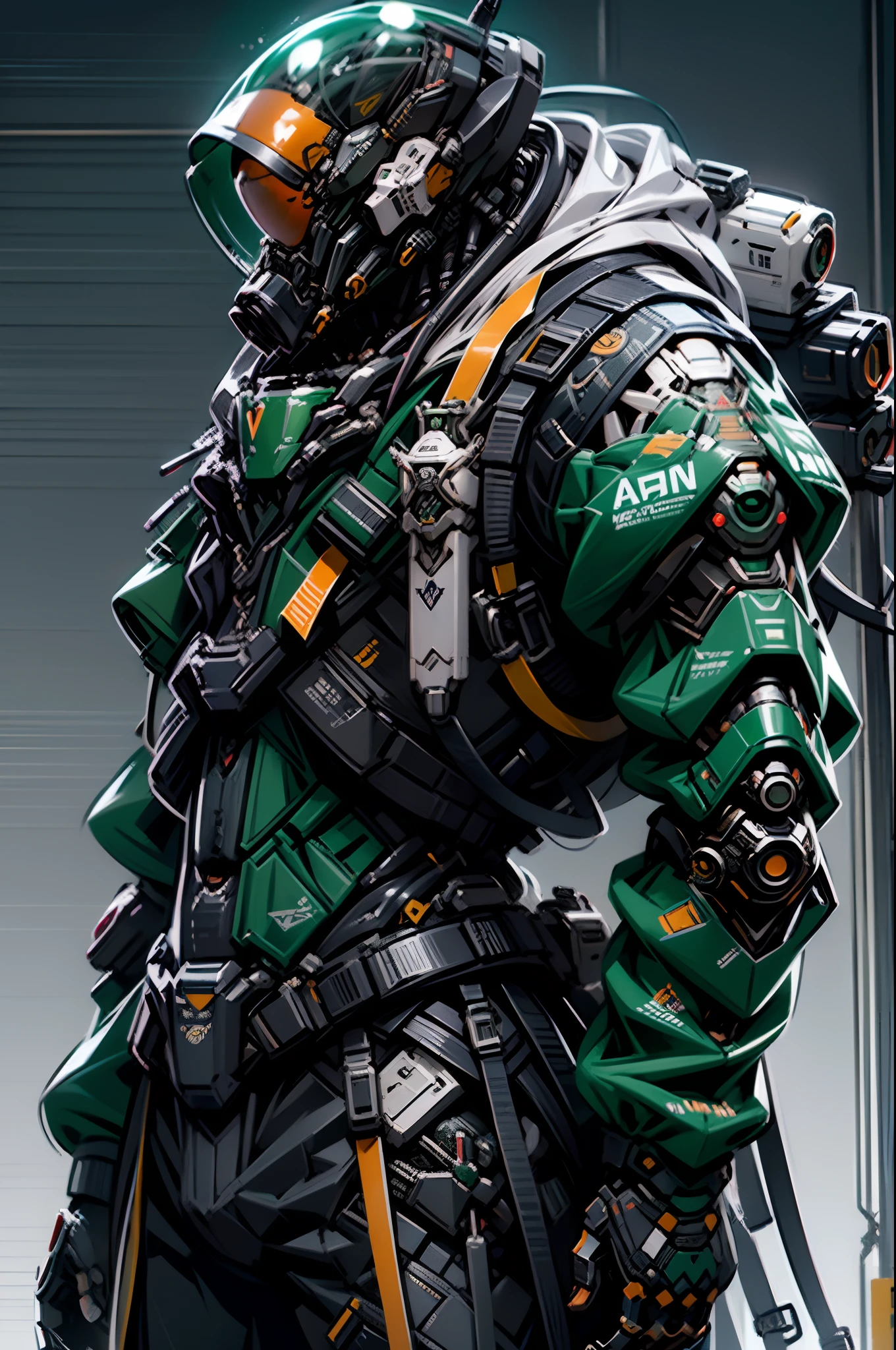 A Long Shot, full view, corpo inteiro, Imagem centralizada, action pose, Buzz Lightyear, capacete de astronauta transparente, very muscular, vestindo traje mecha astronauta, Branco, cor cinza e verde, dano, quebrado, showing wiring and piping in the suit
