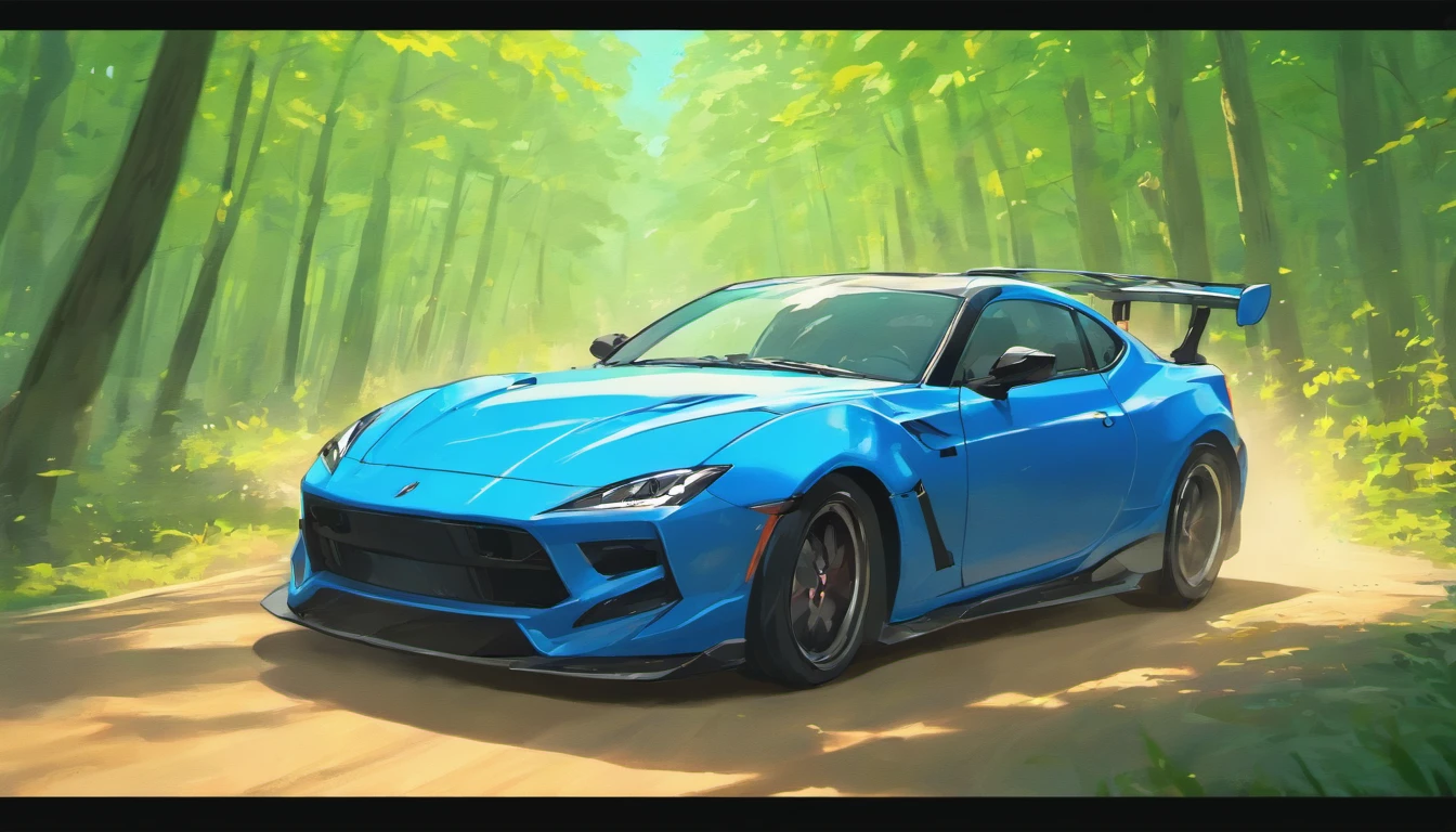 action drifiting blue car, trees in background, wide angle, drift, turning in the asphaut, cartoon style