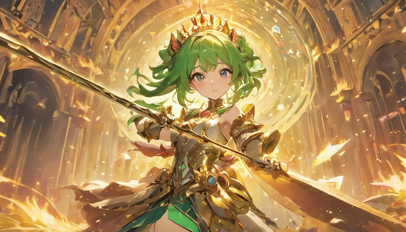 a beautiful princess with long green hair, warrior princess set, pink crown, pink gauntlets, pink gloves, pink crown, big golden sword, holding a big golden sword, sword with large gold blade, highly detailed, vibrant, cartoon, pink crown, lake with a dragon, blue sea dragon emerging from the lake, castle in background
