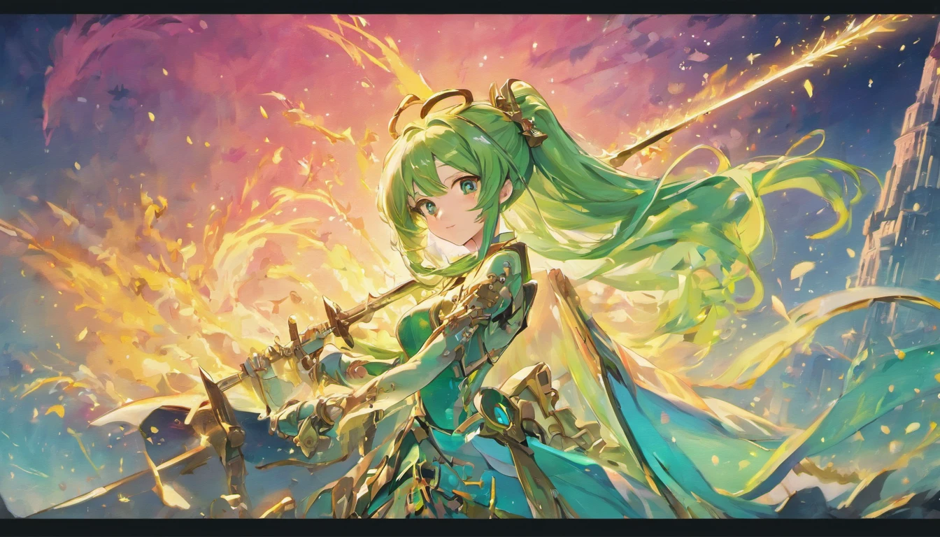 a beautiful princess with long green hair, warrior princess set, pink crown, pink gauntlets, pink gloves, pink crown, big golden sword,  holding a big golden sword, sword with large gold blade, highly detailed, vibrant, cartoon, pink crown, lake with a dragon, blue sea dragon emerging from the lake, castle in background
