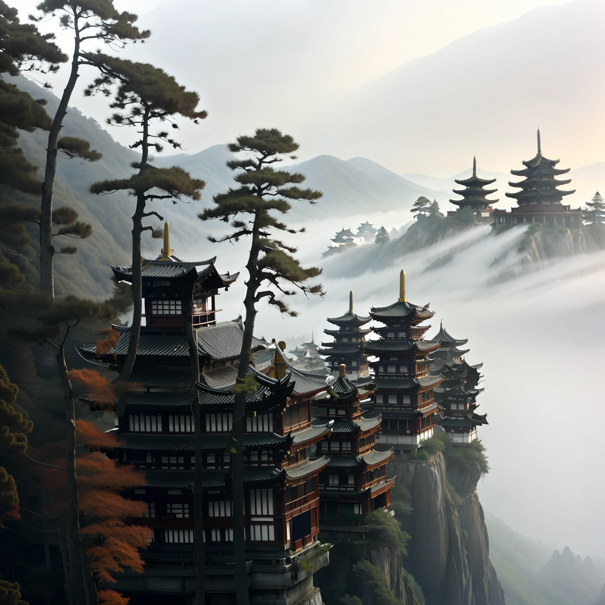 There are a lot of trees in the mountains,There is a pagoda on it, Chinese landscape, pagodas on hills, the taoist temples of huangshan, Ancient Chinese architecture, Chinese fantasy, Floating mountains, author:Ji Sheng, By Ren Xiong, By Shen Quan, dreamland of chinese, author:Wu Hong, Taoist temples and monks, Mist,Granule matte filter dull