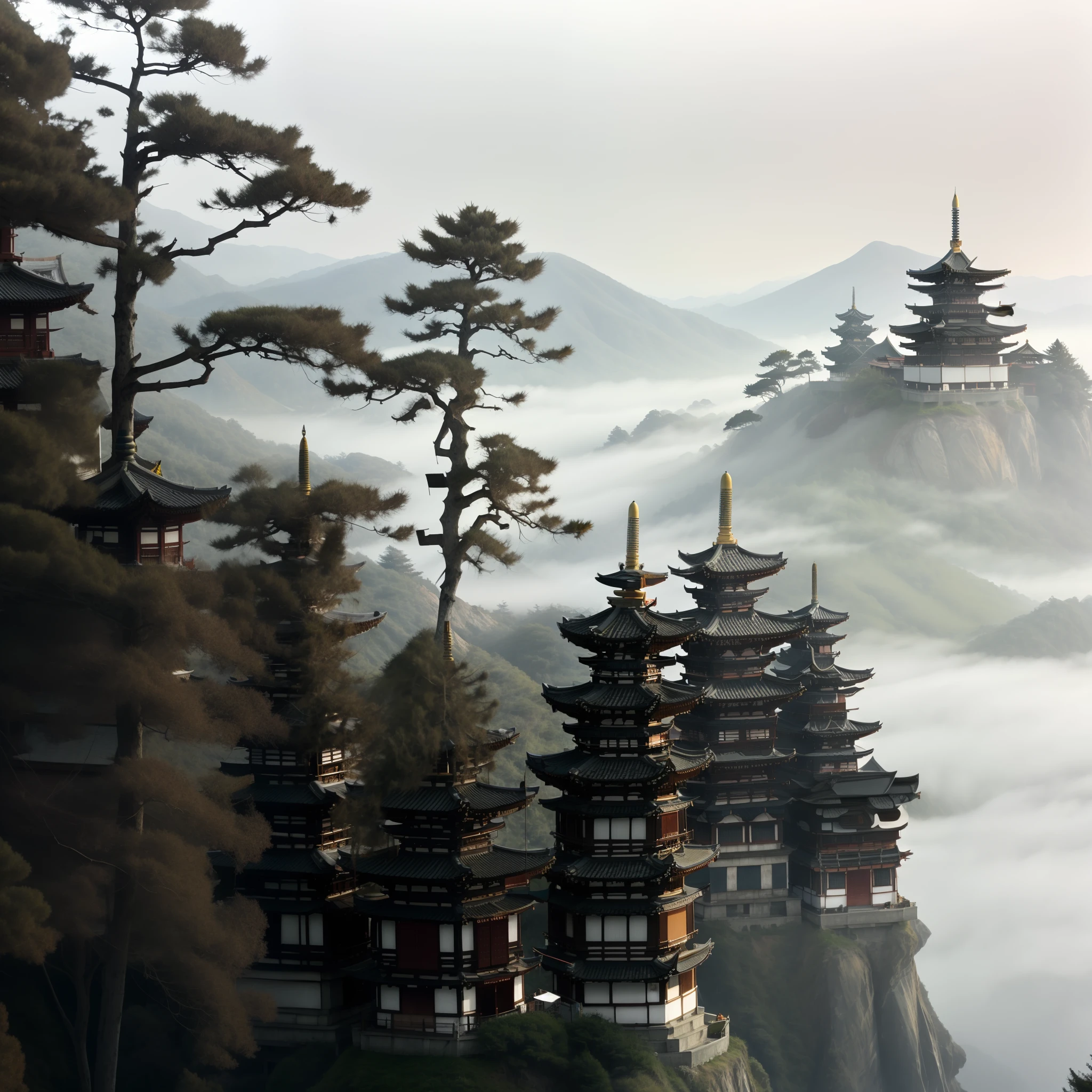 There are a lot of trees in the mountains,There is a pagoda on it, Chinese landscape, pagodas on hills, the taoist temples of huangshan, Ancient Chinese architecture, Chinese fantasy, Floating mountains, author:Ji Sheng, By Ren Xiong, By Shen Quan, dreamland of chinese, author:Wu Hong, Taoist temples and monks, Mist,Granule matte filter dull