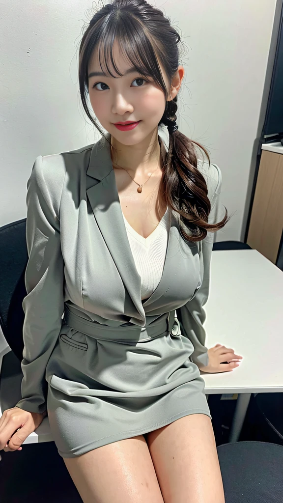 (Best quality, 8k, 32k, Masterpiece, UHD:1.2), 1 girl, ((portrait)), beautiy Japanese office lady, (smile:0.5), (looking at the viewer), bit chubby, grey suit, grey mini skirt, buttoned white shirt, open jacket, office room, desk, (huge breasts, buttocks:1.2), Sitting on the messy office desk, detailed beautiful face, pony-tail hair, from below,