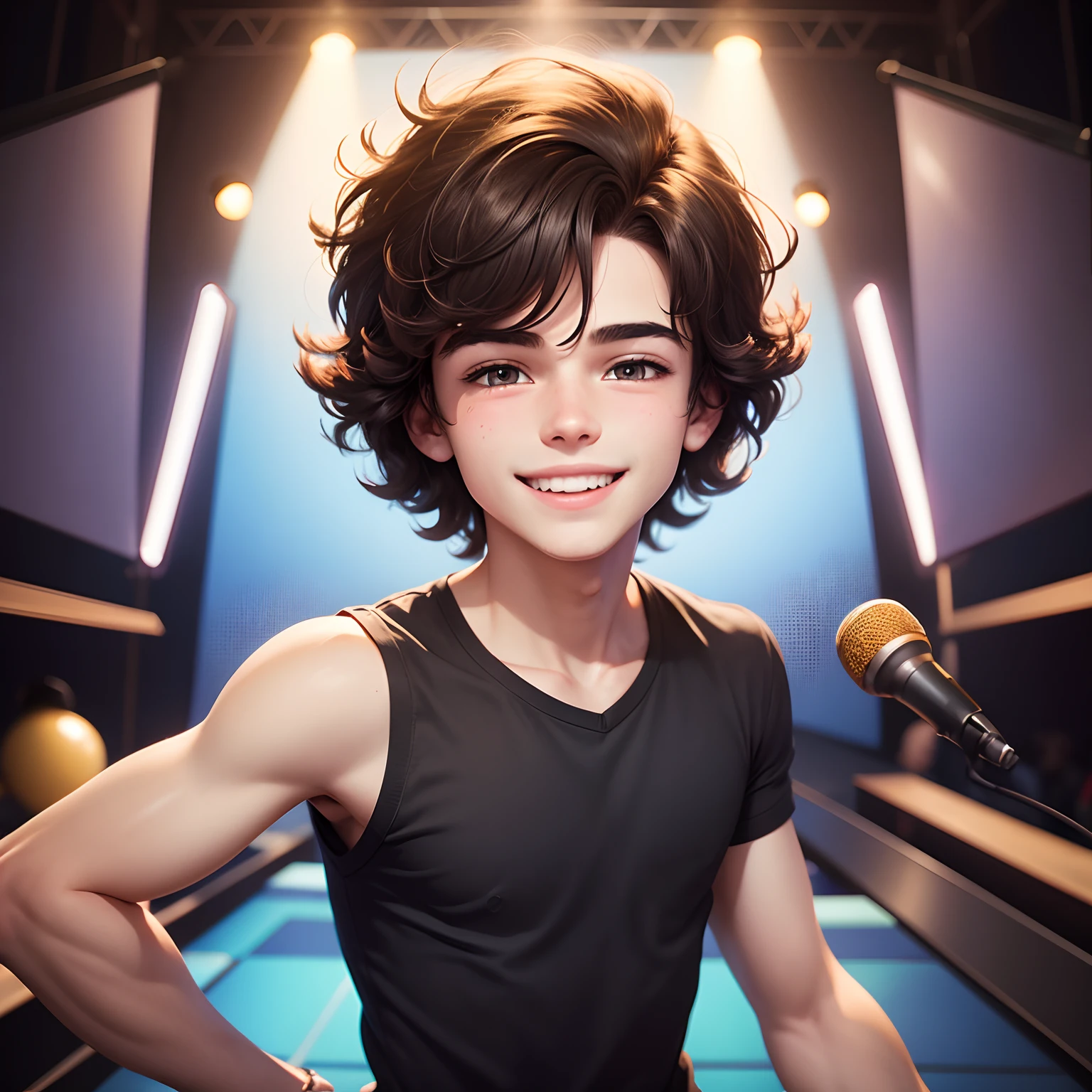A classy cartoon boy age about 18 to 20 smiling face medium hair some hairs coming on face holding mic in hand standing in a cartoonish stand up comedy setup background