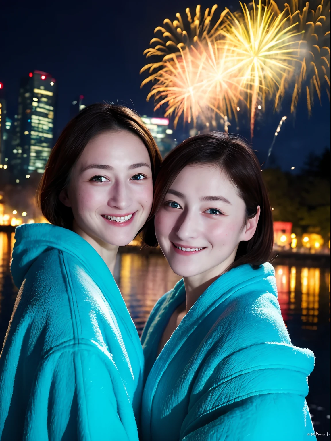 ((​masterpiece、top-quality、ultra-definition、hight resolution))、4K.duo、Identical twin sisters、a beauty girl、radiant eyes、perfect  eyes、Japan's beautiful sister、Blue theme、bathrobe、Fireworks at night in the background