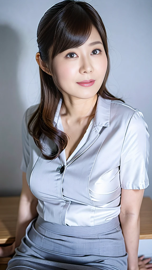 (Best quality, 8k, 32k, Masterpiece, UHD:1.2), 1 girl, ((close up)), beautiy Japanese office lady, (smile:0.5), (looking at the viewer), bit chubby, grey suit, grey mini skirt, white shirt, office room, desk, (huge breasts, buttocks:1.2), detailed beautiful face, double-pony-tail hair, from below,