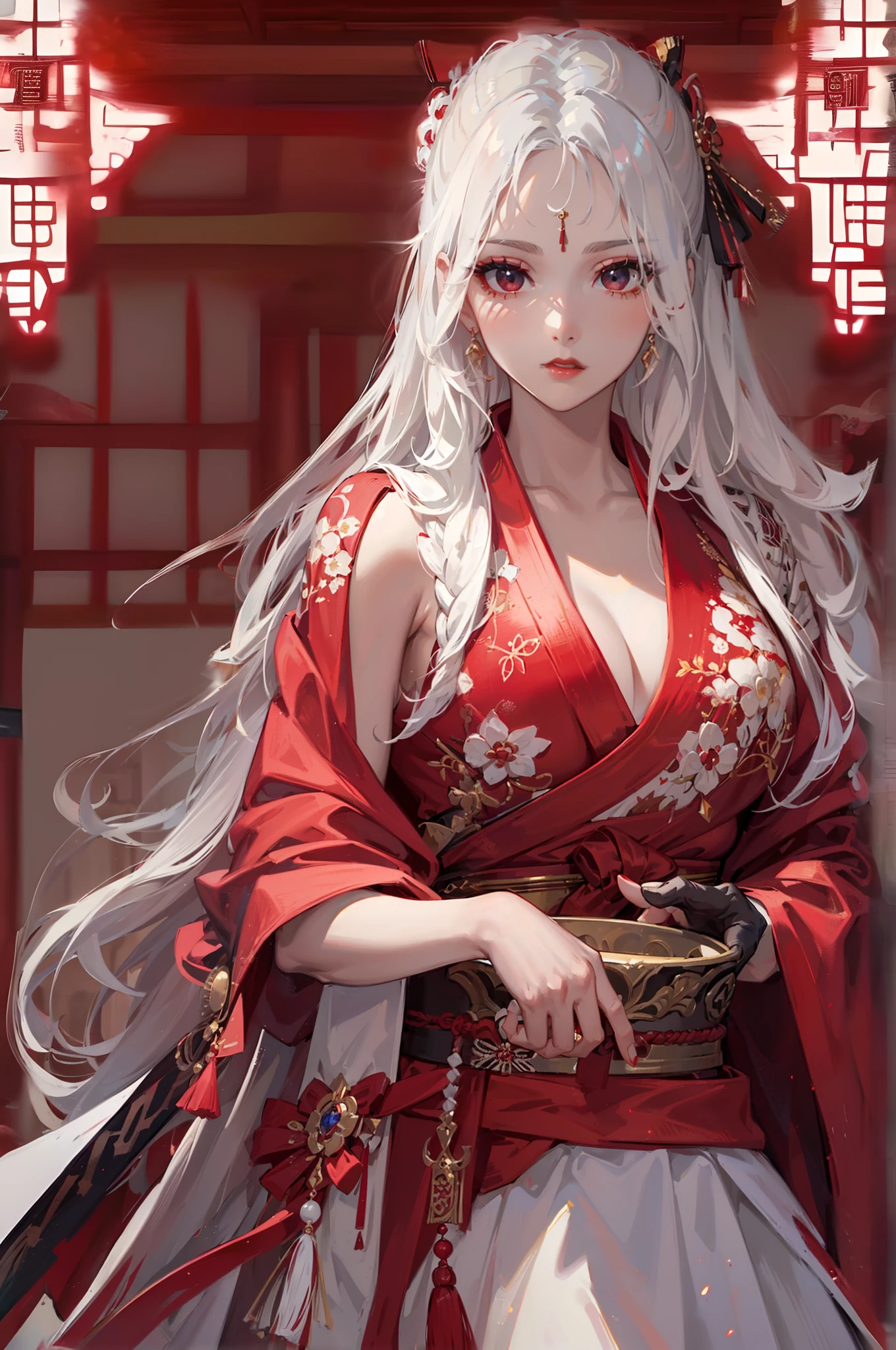 Master piece, perfect face, beautiful eyes ( deep red, glowing, black eye shade) red lips, long white hair (golden light) necklace, samurai dress ((red dress, perfect dress)) mature woman, perfect body, perfect hands (5 fingers) beautiful pose,