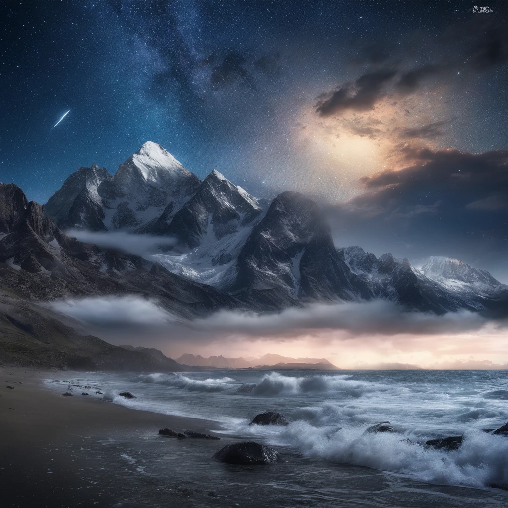 Master Parts、Superior Quality、superior image quality、The 8k quality、、Beautiful pictures of the starry sky、magnifica、Arched Milky Way:1.9、Blue Sea、shooting stars:1.9, Mount Everest:1.9