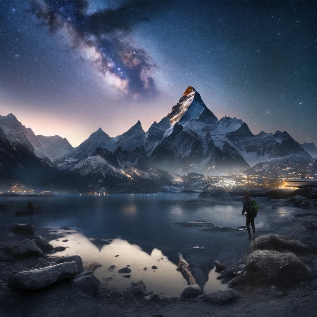 Master Parts、Superior Quality、superior image quality、The 8k quality、、Beautiful pictures of the starry sky、magnifica、Arched Milky Way:1.9、Blue Sea、shooting stars:1.9, Mount Everest:1.9
